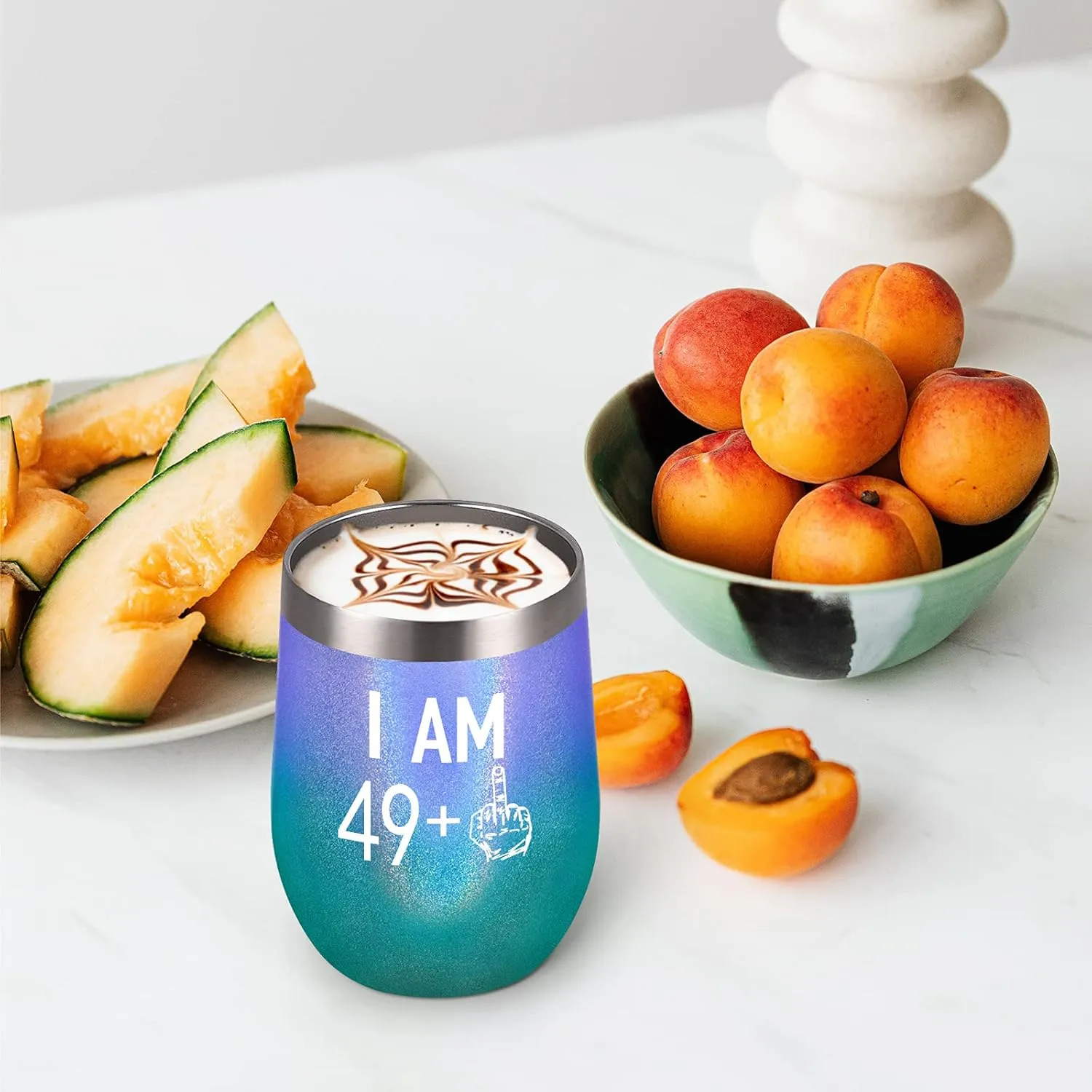 50th Birthday Gifts for Women 49 Plus One Middle Finger Wine Tumbler, Turning 50 Funny Tumbler Gifts Idea for Best Friends Wife Mom Coworkers, 12 Oz Insulated Tumbler Glasses, Glitter Peacock Violet