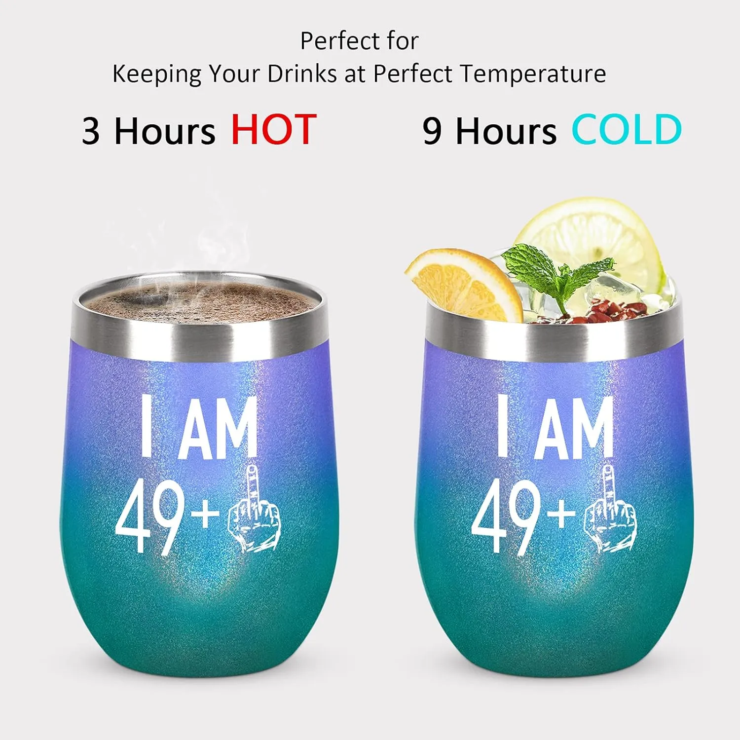 50th Birthday Gifts for Women 49 Plus One Middle Finger Wine Tumbler, Turning 50 Funny Tumbler Gifts Idea for Best Friends Wife Mom Coworkers, 12 Oz Insulated Tumbler Glasses, Glitter Peacock Violet
