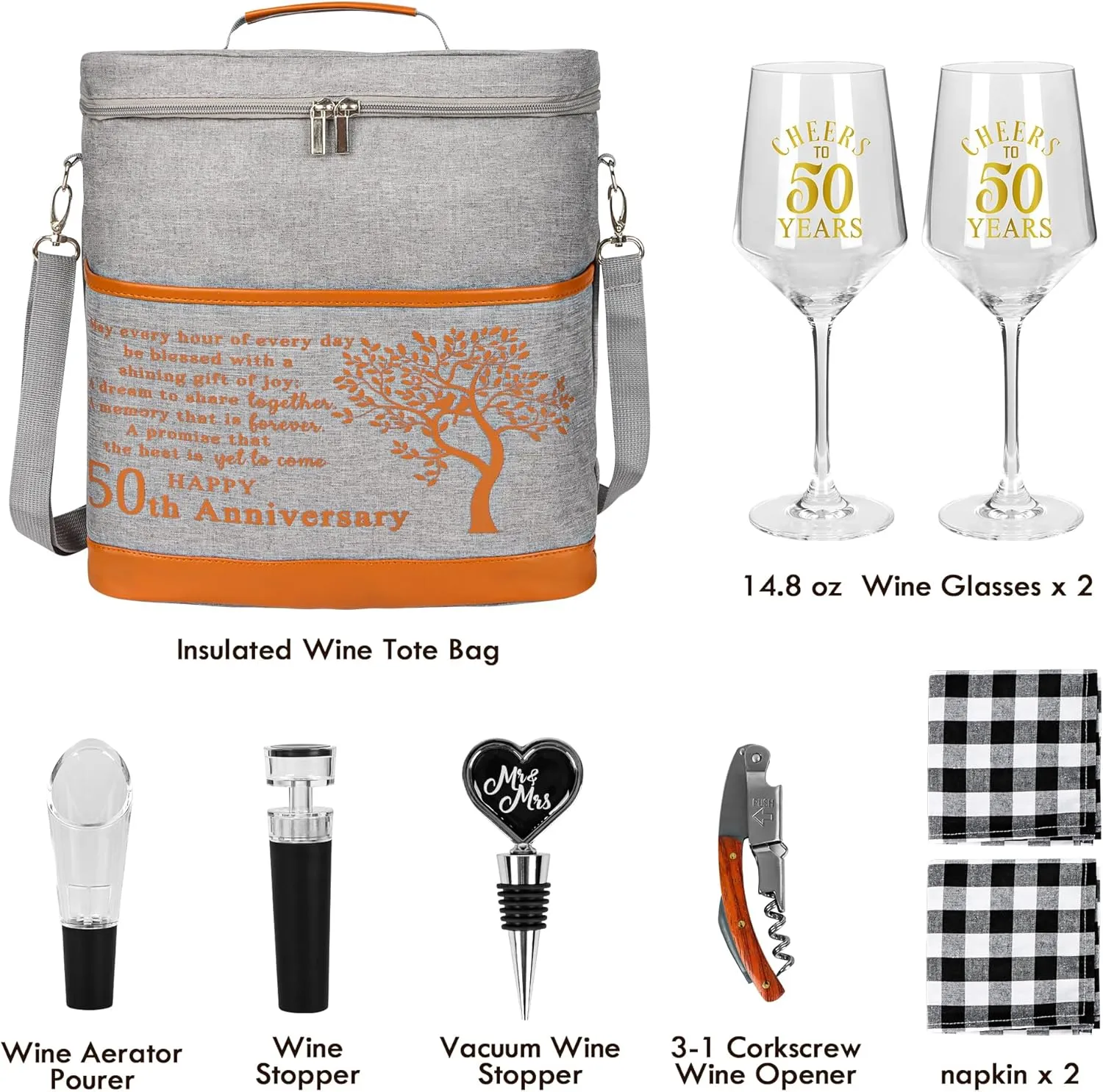 50th Wedding Anniversary Insulated Wine Cooler Bag Gifts for Couples, 50 Years of Marriage Gift Anniversary for Parents, Friend Her Him, Insulated Wine Cooler Tote with Glasses and Wine Accessories