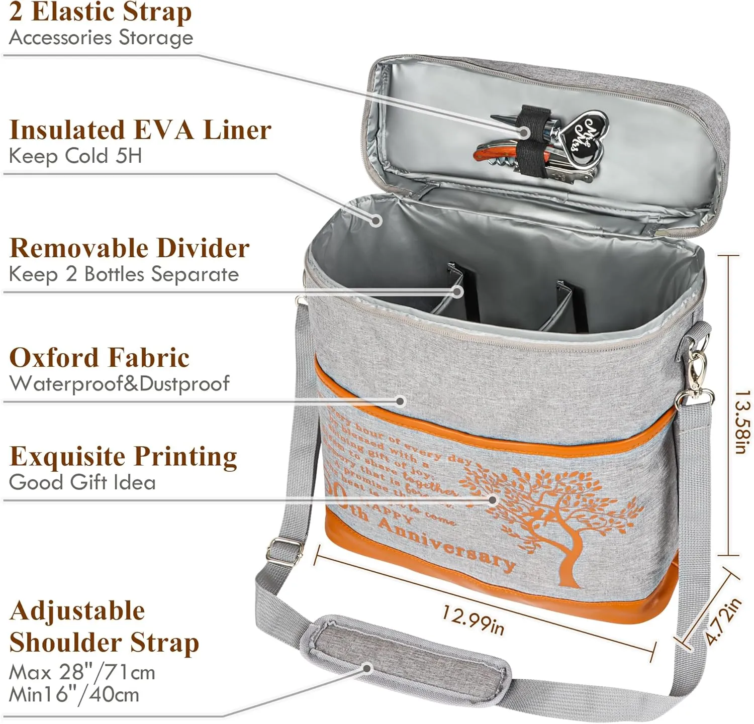 50th Wedding Anniversary Insulated Wine Cooler Bag Gifts for Couples, 50 Years of Marriage Gift Anniversary for Parents, Friend Her Him, Insulated Wine Cooler Tote with Glasses and Wine Accessories