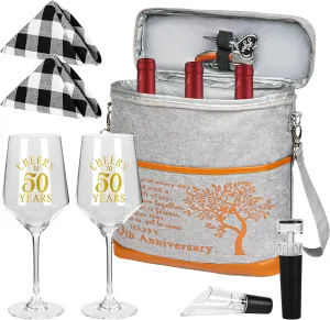 50th Wedding Anniversary Insulated Wine Cooler Bag Gifts for Couples, 50 Years of Marriage Gift Anniversary for Parents, Friend Her Him, Insulated Wine Cooler Tote with Glasses and Wine Accessories
