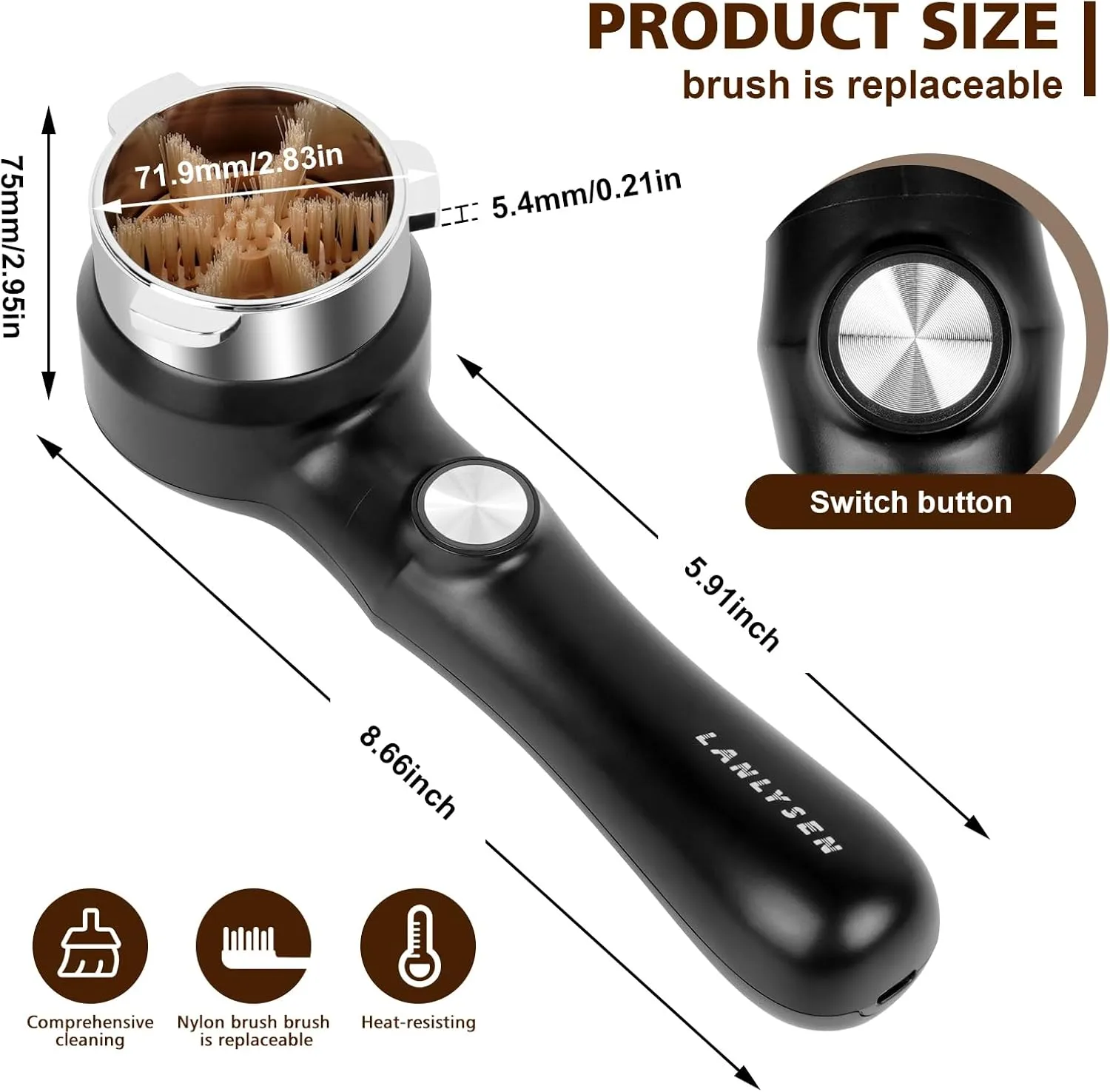 51mm Espresso Coffee Machine Electric Cleaning Brush Espresso Machine Cleaning Brush 360° Totally Enclosed Cleaning for 3 EARS 51MM Delonghi Dedica Style Series EC680 and EC685, SMEG ECF01