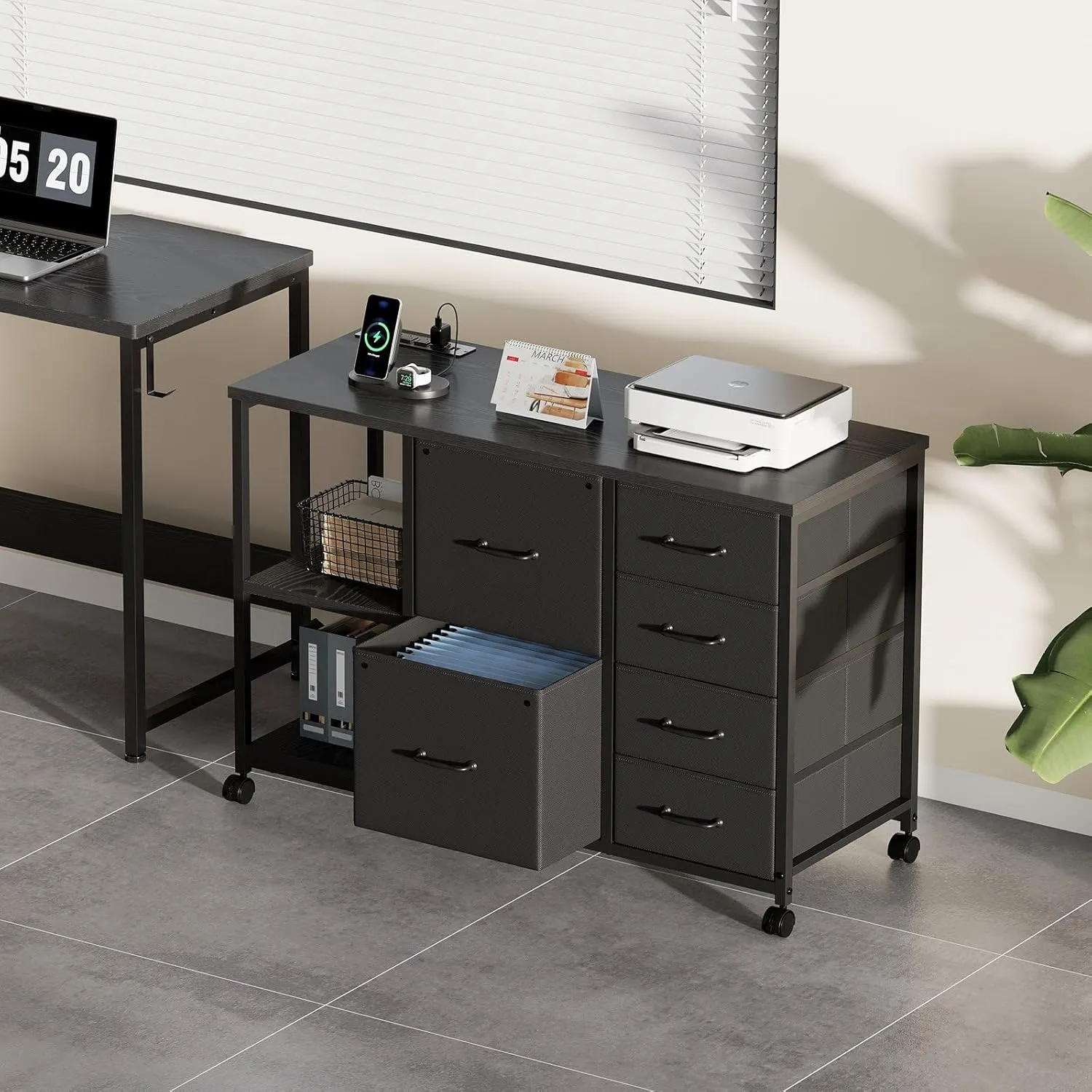 6 Drawer File Cabinet with Charging Station Rolling Printer Stand with Open Storage Shelf Fabric Lateral Filing Cabinet for Home Office,Black