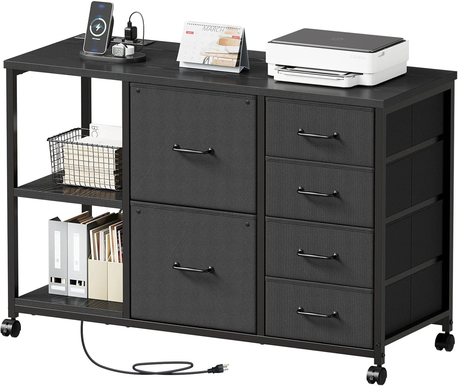 6 Drawer File Cabinet with Charging Station Rolling Printer Stand with Open Storage Shelf Fabric Lateral Filing Cabinet for Home Office,Black