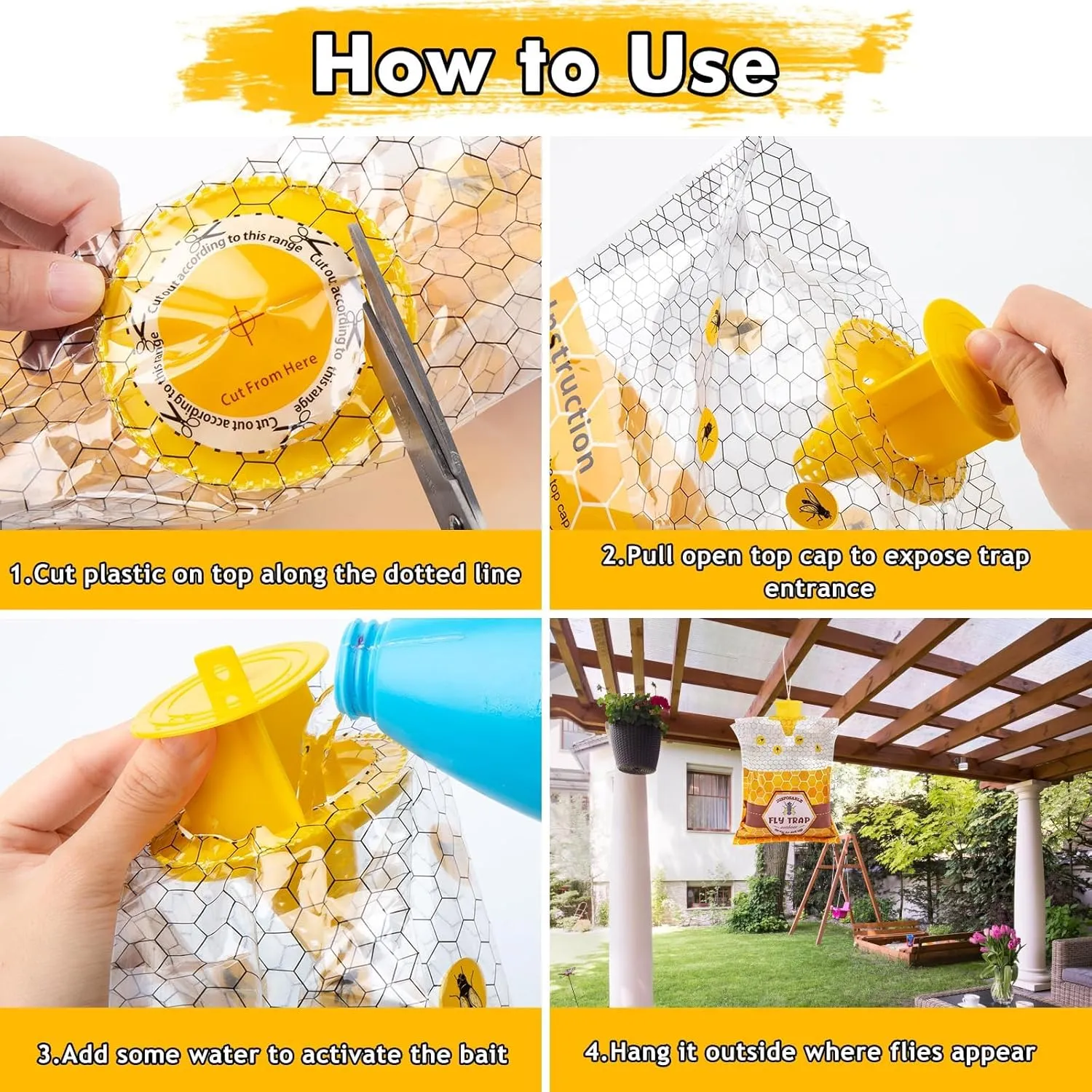 6 Outdoor Fly Traps, Hanging Bags Disposable, Fly Trap with Bait, Yellow Fly Trap Hunter, Outdoor Bee Traps, Ranch Farm Garden Barn Stables