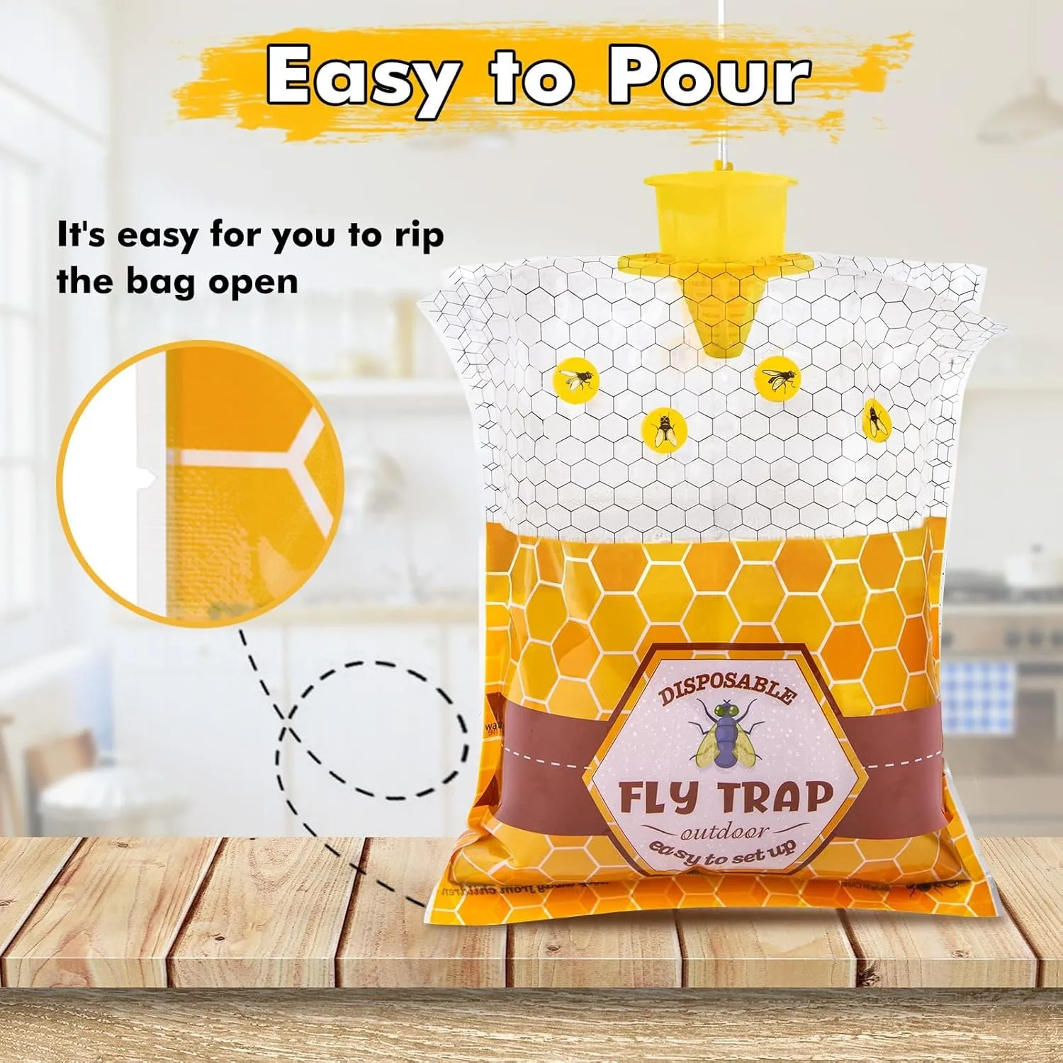 6 Outdoor Fly Traps, Hanging Bags Disposable, Fly Trap with Bait, Yellow Fly Trap Hunter, Outdoor Bee Traps, Ranch Farm Garden Barn Stables