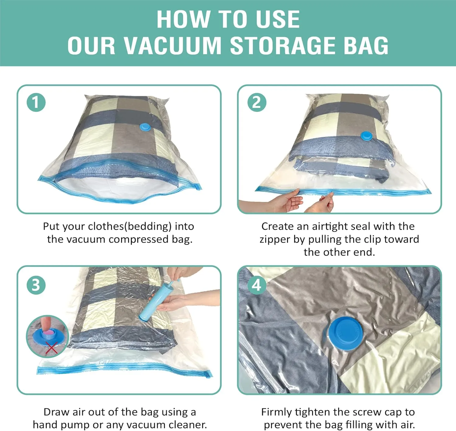 6 Pack Vacuum Storage Bags, Space Saver Bags (2 Jumbo/2 Large/2 Medium) Compression Storage Bags for Comforters and Blankets, Vacuum Sealer Bags for Clothes Storage, Hand Pump Included