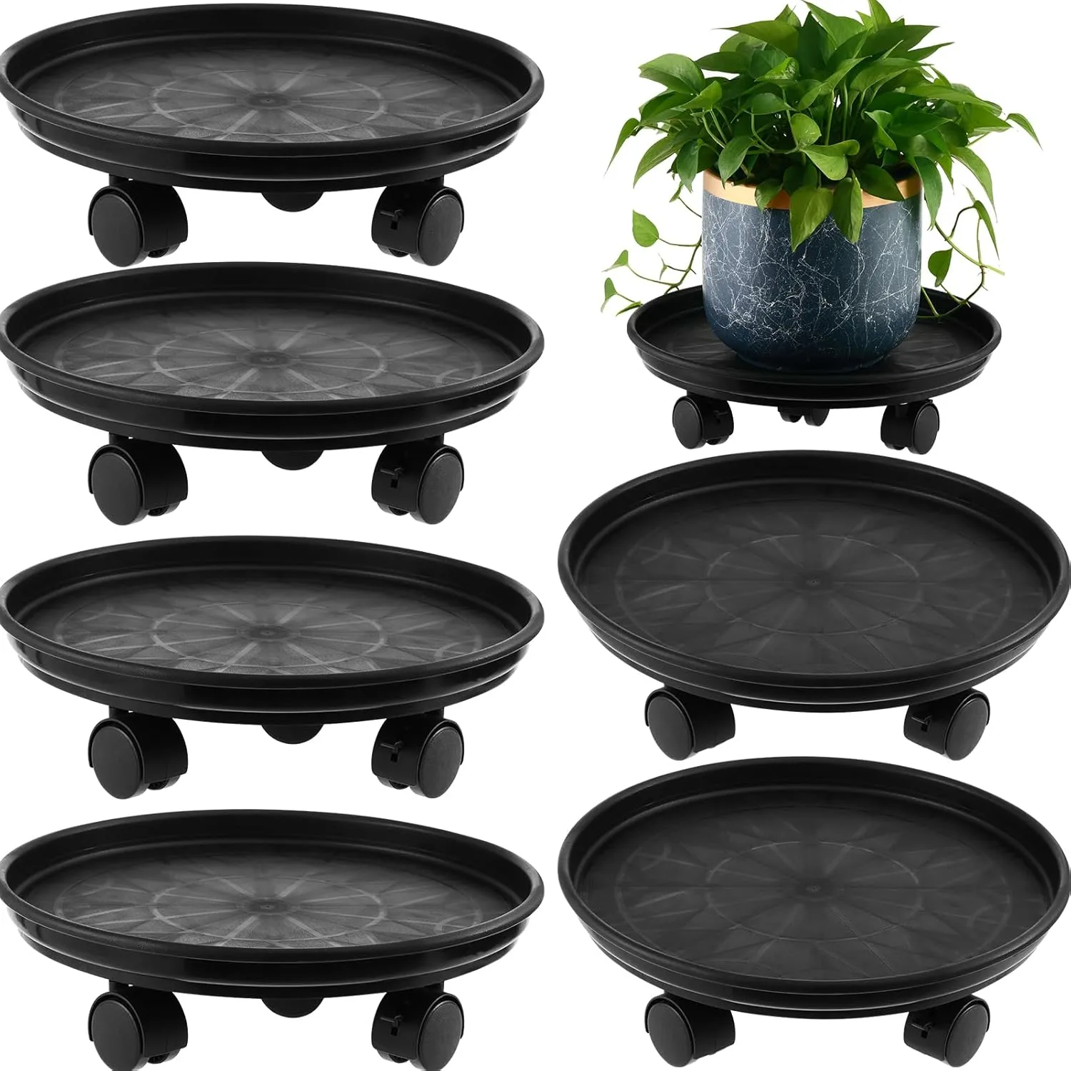 6 Packs 15” Extra-large Plant Caddy Plant Saucers on Wheels Rolling Plant Stands Heavy-duty Plant Dolly Plastic Planter Roller Base Pot Movers Outdoor Plant Tray Coaster, Clear Plant Saucers x 6