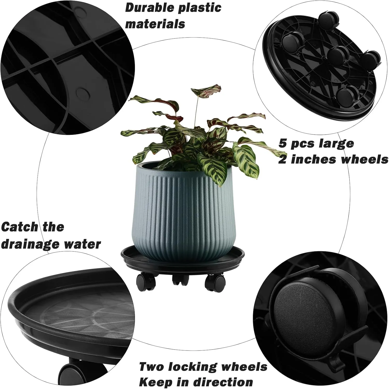 6 Packs 15” Extra-large Plant Caddy Plant Saucers on Wheels Rolling Plant Stands Heavy-duty Plant Dolly Plastic Planter Roller Base Pot Movers Outdoor Plant Tray Coaster, Clear Plant Saucers x 6