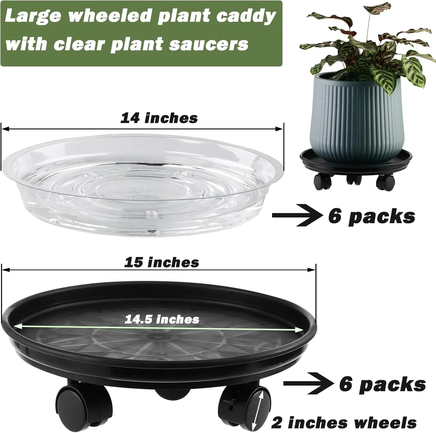 6 Packs 15” Extra-large Plant Caddy Plant Saucers on Wheels Rolling Plant Stands Heavy-duty Plant Dolly Plastic Planter Roller Base Pot Movers Outdoor Plant Tray Coaster, Clear Plant Saucers x 6