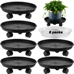 6 Packs 15” Extra-large Plant Caddy Plant Saucers on Wheels Rolling Plant Stands Heavy-duty Plant Dolly Plastic Planter Roller Base Pot Movers Outdoor Plant Tray Coaster, Clear Plant Saucers x 6