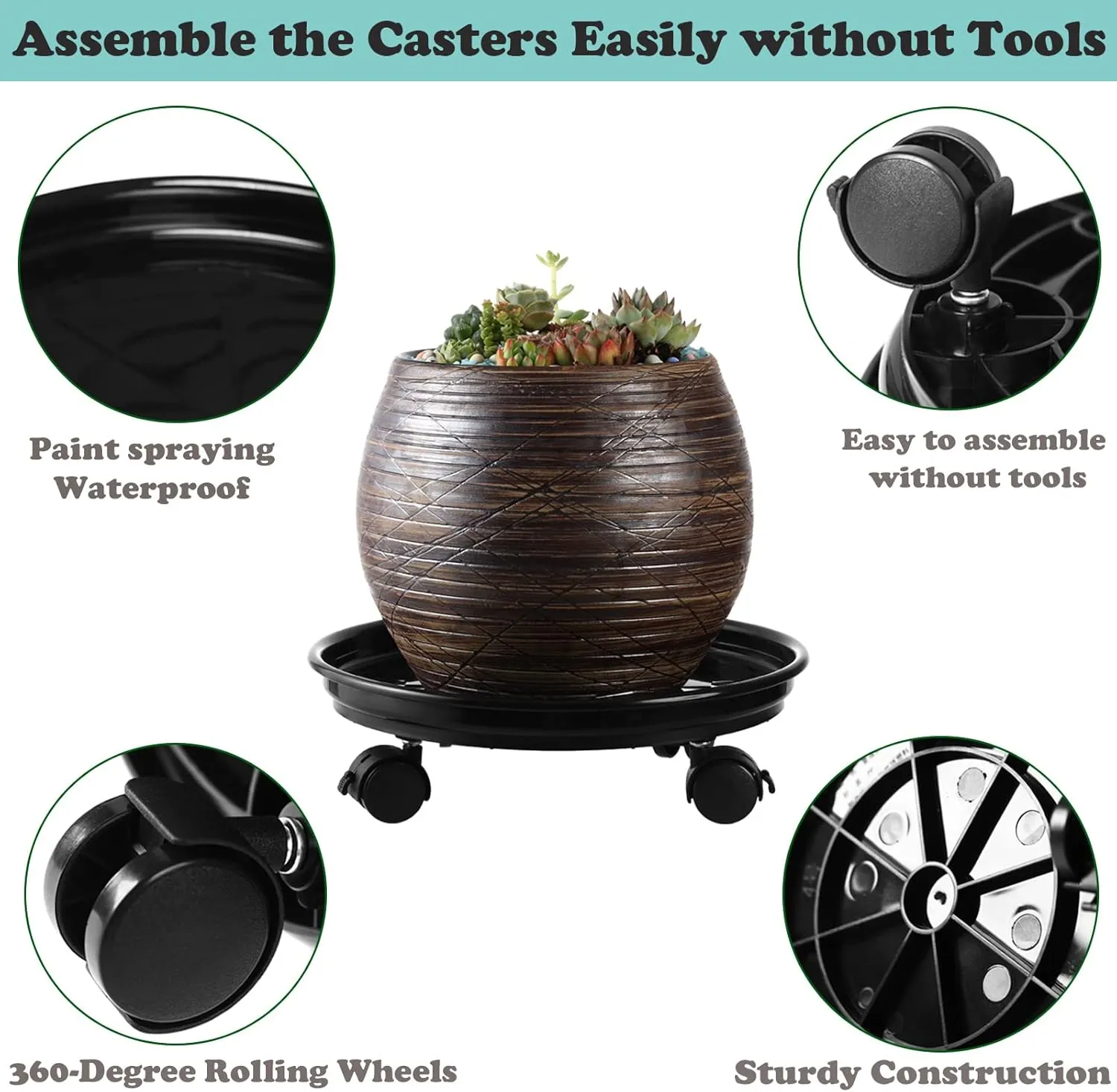 6 Packs Plant Caddy with Wheels 11.8" Plastic Rolling Plant Dolly Coasters Heavy-duty Wheeled Planter Mover Rollers Indoor Outdoor Wheeled Flower Pot Base Suacers with Casters, Black