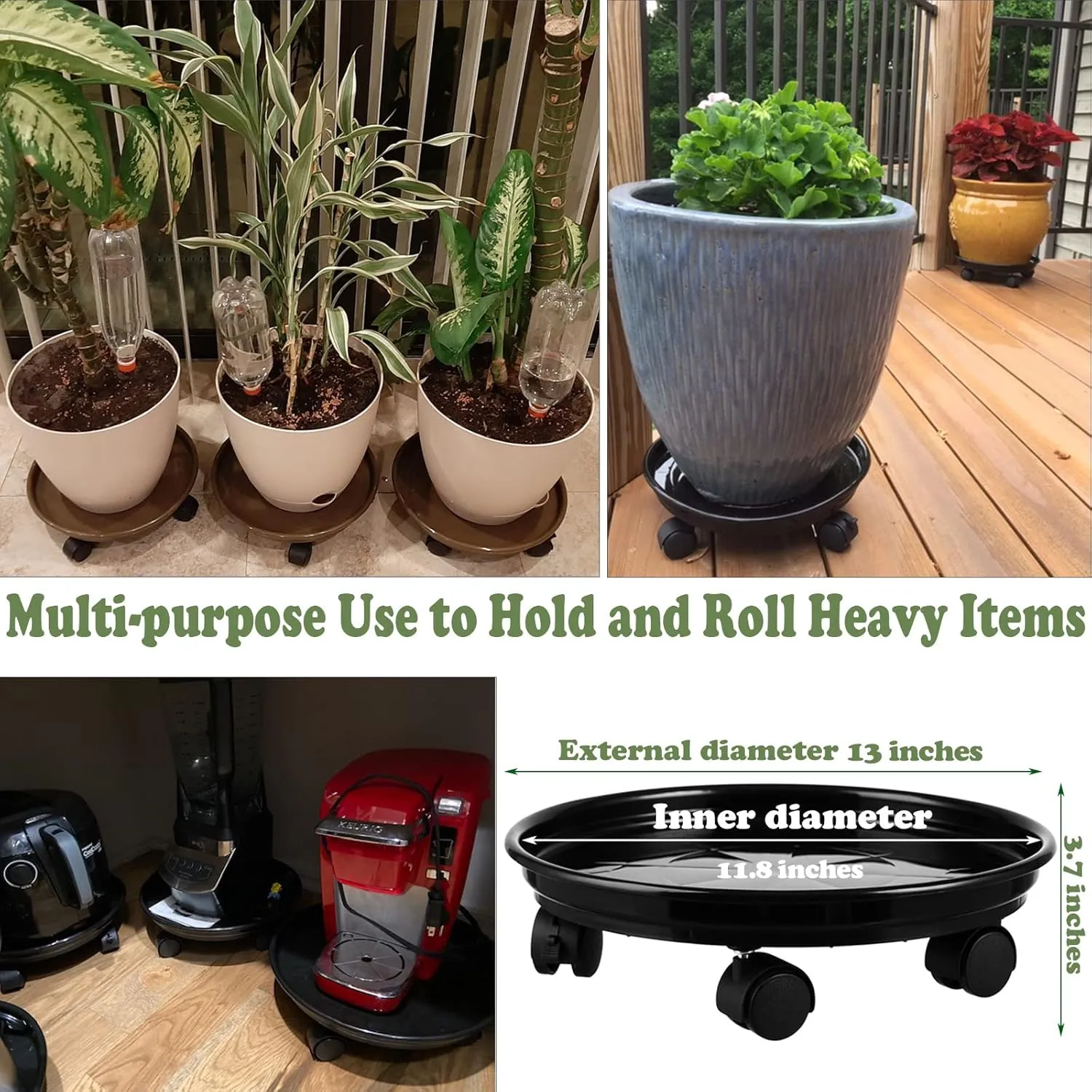 6 Packs Plant Caddy with Wheels 11.8" Plastic Rolling Plant Dolly Coasters Heavy-duty Wheeled Planter Mover Rollers Indoor Outdoor Wheeled Flower Pot Base Suacers with Casters, Black