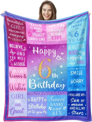6 Year Old Girl Birthday Gifts Blanket, 6th Birthday Decorations for Girls, Six Year Old Girl Birthday Gifts 60"X50"