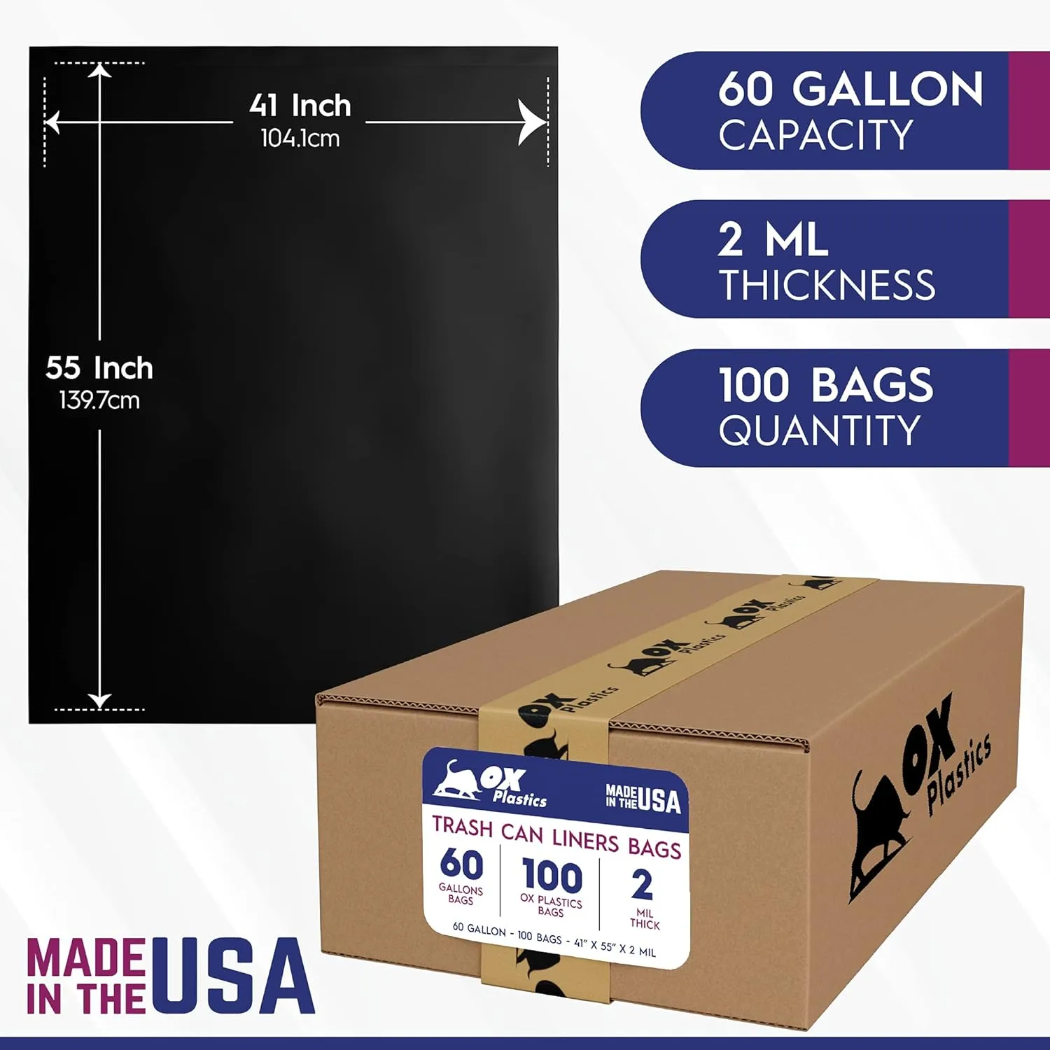 60 Gallon Trash Can Liners Garbage Bags - 100 Count & 2mil Thick Extra Heavy Duty Trash Bag Strength -Large Garbage, Leak-Proof & Durable