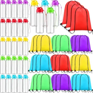 60 Pieces 17 oz Plastic Water Bottles Bulk and Drawstring Backpack Set 30 Reusable Plastic Biking Water Bottle 30 Sport Gym Goodie Gift Bag for Summer School Gym Travel