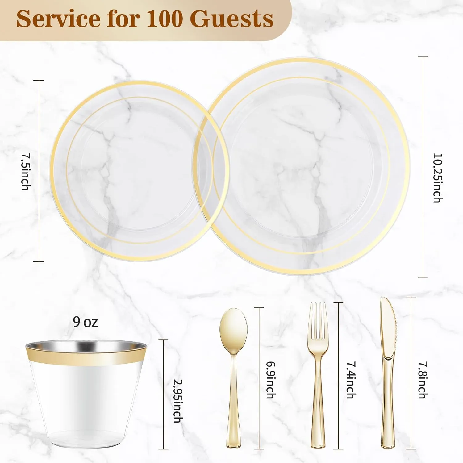 600PCS Clear Gold Dinnerware Set for 100 Guests, Plastic Plates for Party, Christmas and New Year, 100 Disposable Plates, 100 Dessert Plates, 100 Cups, 100 Spoons, 100 Forks and 100 Knives
