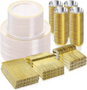 600PCS Clear Gold Dinnerware Set for 100 Guests, Plastic Plates for Party, Christmas and New Year, 100 Disposable Plates, 100 Dessert Plates, 100 Cups, 100 Spoons, 100 Forks and 100 Knives
