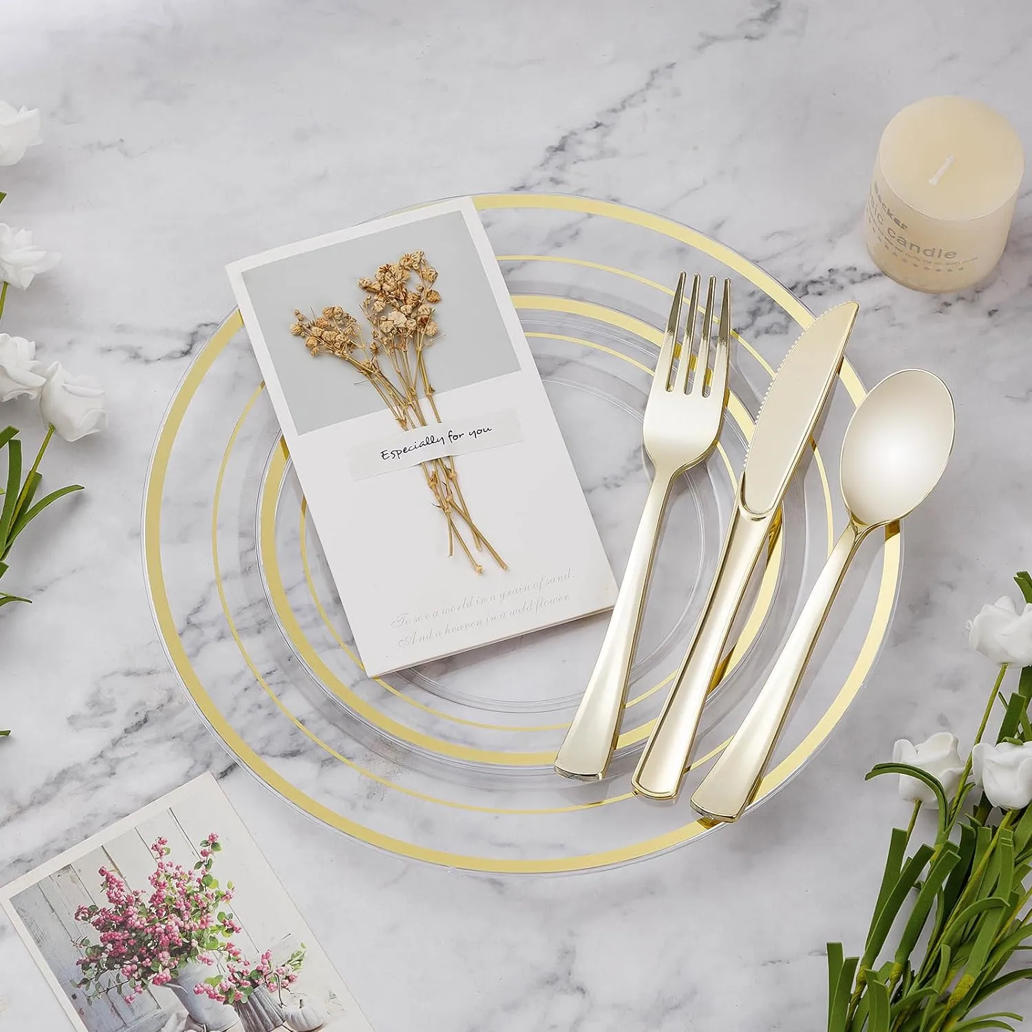 600PCS Clear Gold Dinnerware Set for 100 Guests, Plastic Plates for Party, Christmas and New Year, 100 Disposable Plates, 100 Dessert Plates, 100 Cups, 100 Spoons, 100 Forks and 100 Knives