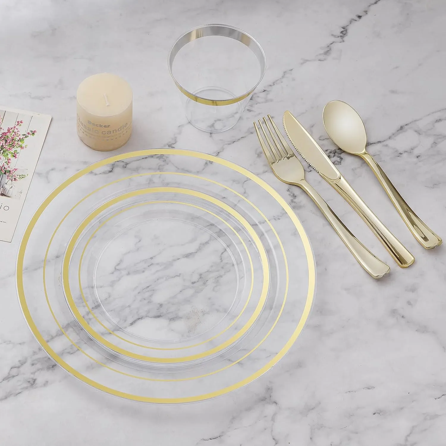 600PCS Clear Gold Dinnerware Set for 100 Guests, Plastic Plates for Party, Christmas and New Year, 100 Disposable Plates, 100 Dessert Plates, 100 Cups, 100 Spoons, 100 Forks and 100 Knives