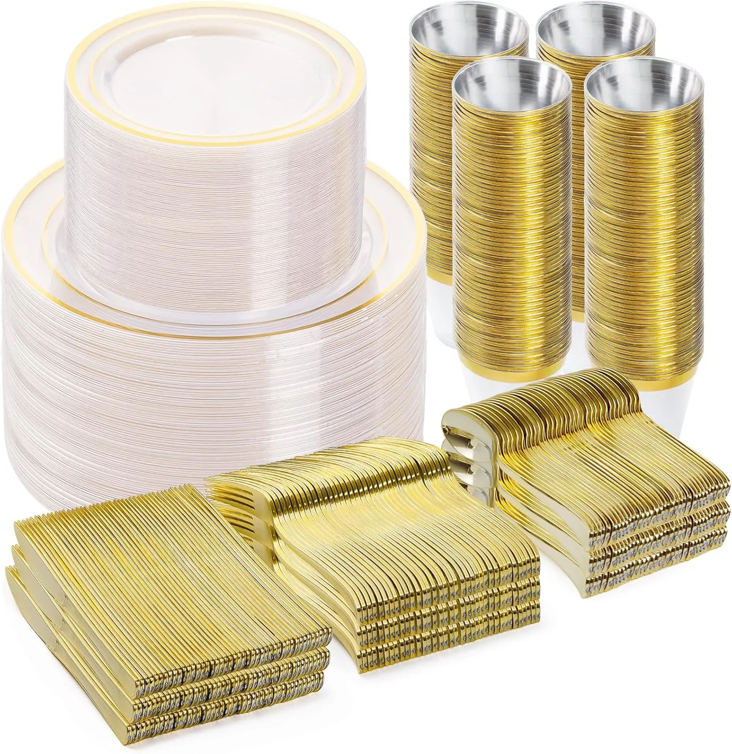 600PCS Clear Gold Dinnerware Set for 100 Guests, Plastic Plates for Party, Christmas and New Year, 100 Disposable Plates, 100 Dessert Plates, 100 Cups, 100 Spoons, 100 Forks and 100 Knives