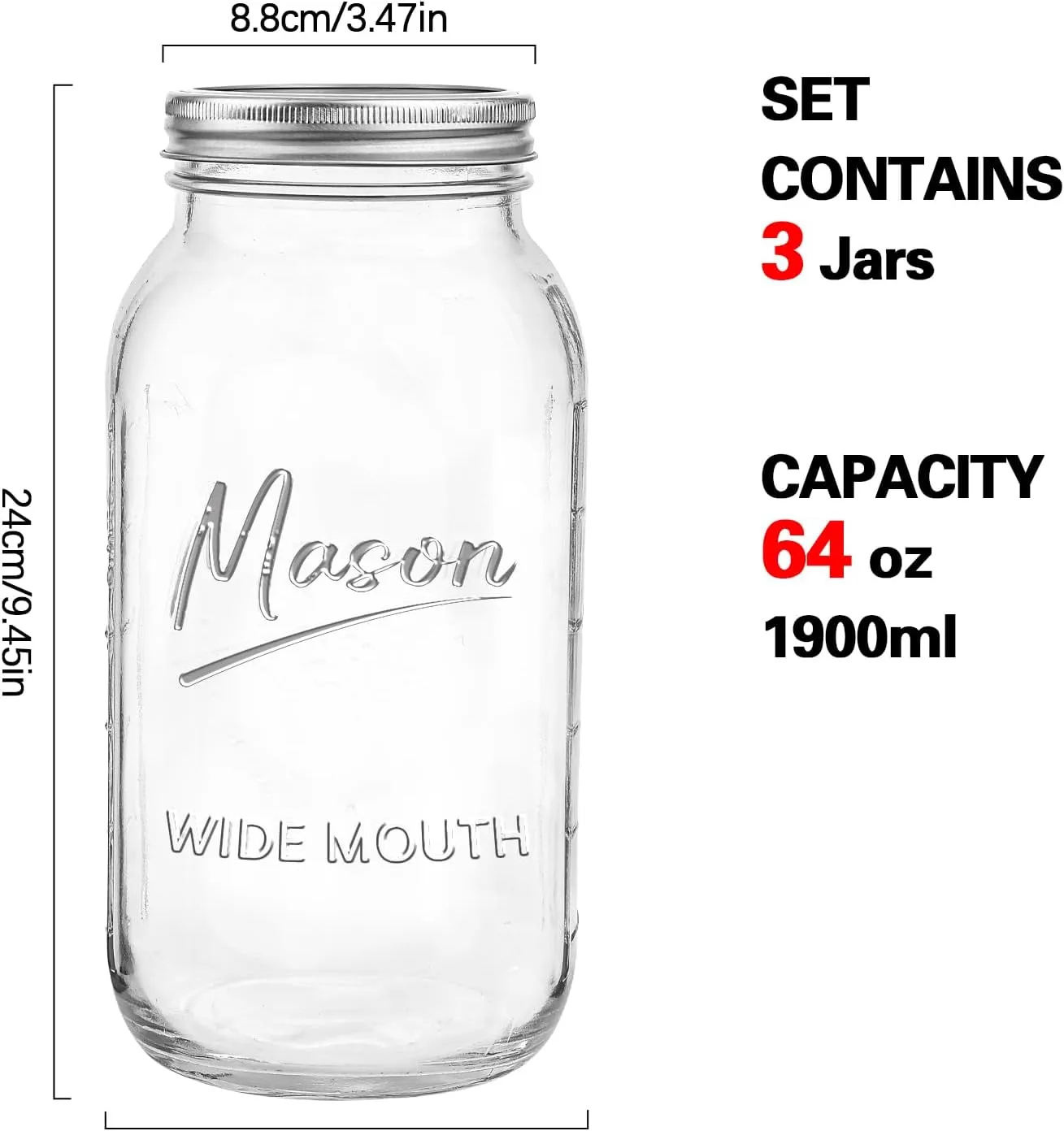 64 oz Mason Jar Wide Mouth,3 Pack Large Half Gallon Mason Jars with Airtight Lid,Big Glass Jars for Canning,Pickling,Fermenting,Storing