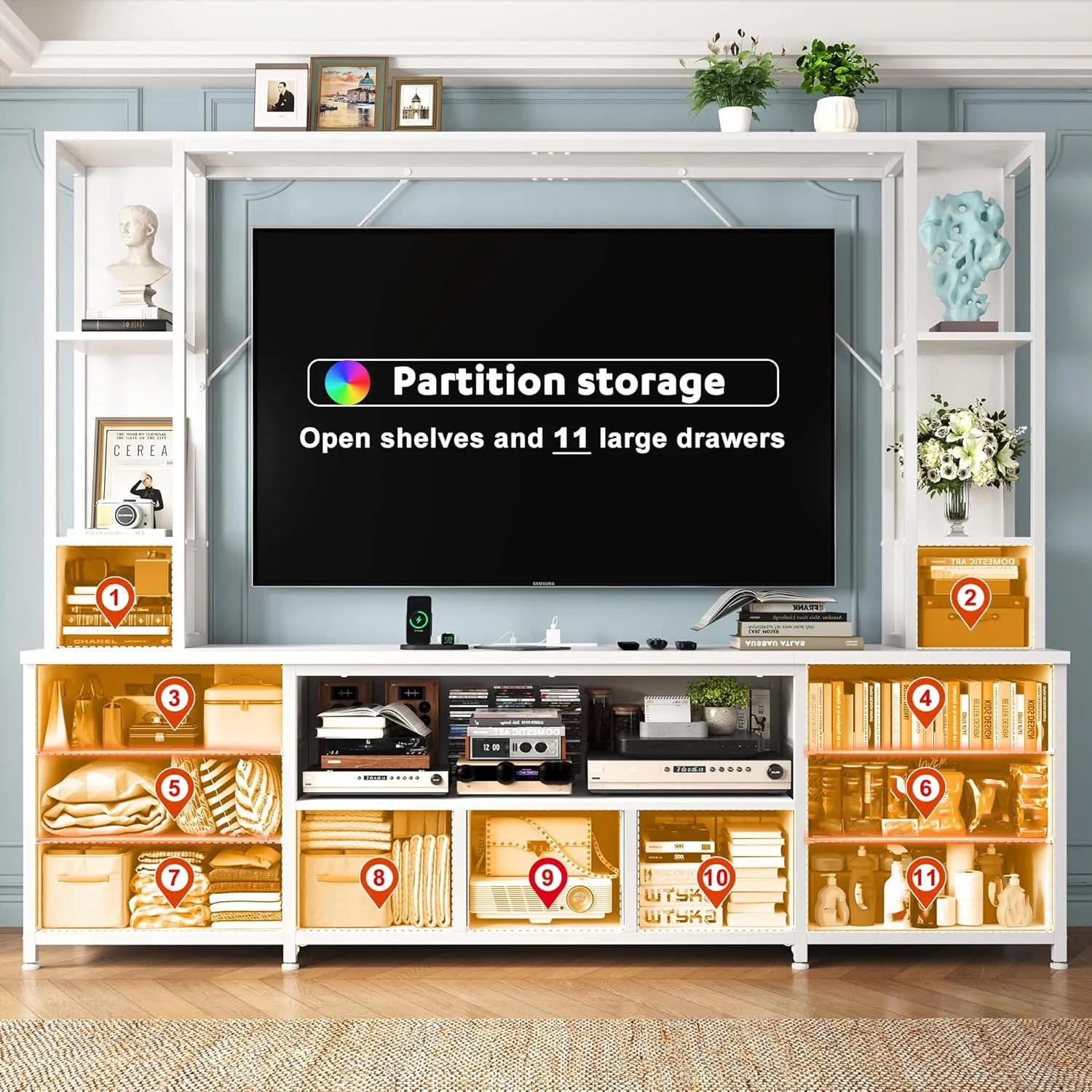 78.6" W Stands for Living Room, Large Wall Unit Entertainment Center with 11 Fabric Drawer,Dresser TV Stand with 2 LED Lights & Power Outlets,TV Stand for Bedroom with Storage Shelves,White