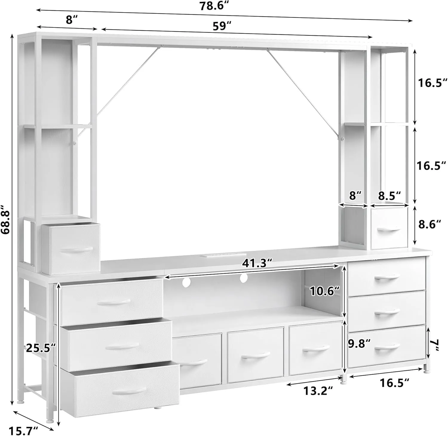 78.6" W Stands for Living Room, Large Wall Unit Entertainment Center with 11 Fabric Drawer,Dresser TV Stand with 2 LED Lights & Power Outlets,TV Stand for Bedroom with Storage Shelves,White