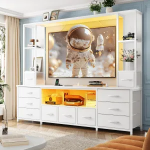 78.6" W Stands for Living Room, Large Wall Unit Entertainment Center with 11 Fabric Drawer,Dresser TV Stand with 2 LED Lights & Power Outlets,TV Stand for Bedroom with Storage Shelves,White