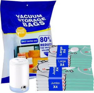 8 Combo Pack Travel Vacuum Storage Bags with Wireless Portable Electric Pump, Vacuum Seal Bags for Clothing and Bedding, Space Saver Essentials for Comforters, Blankets, Luggage Organization