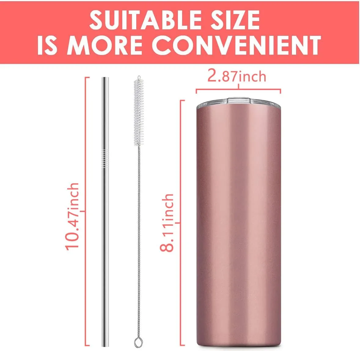 8 Pack Stainless Steel Skinny Tumbler, 20 OZ Double-Insulated Water Tumbler Cup with 8 Straw and 4 Brush, Vacuum Travel Mug Gift for Hot Cold Drinks with Cleaning(White)