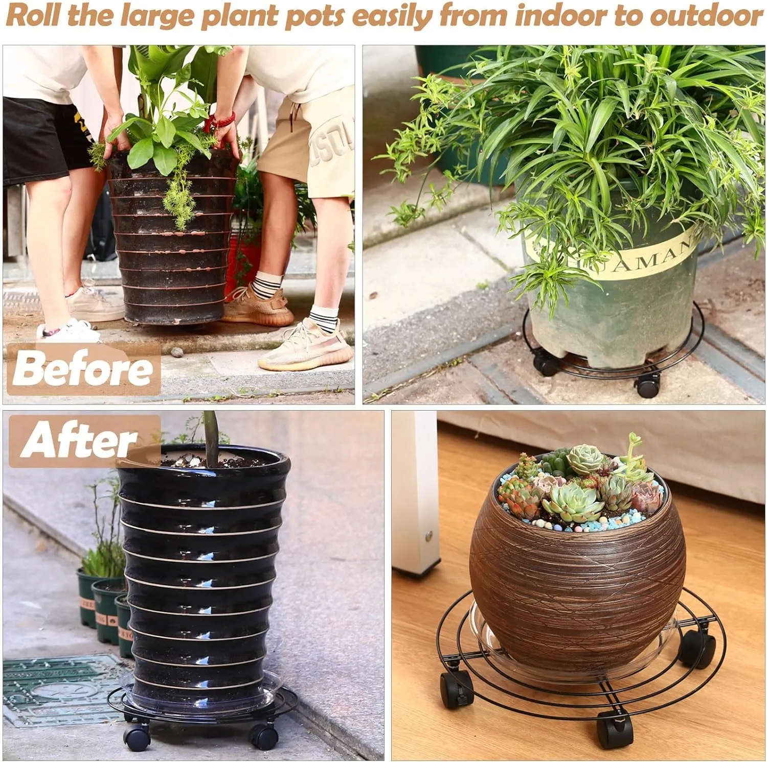8 Packs Large Metal Plant Caddy 13.8” Plant Dolly with Wheels Heavy-Duty Wrought Iron Rolling Plant Stand with Casters Indoor and Outdoor Plant Pot Mover Rollers Black, Plant Saucers