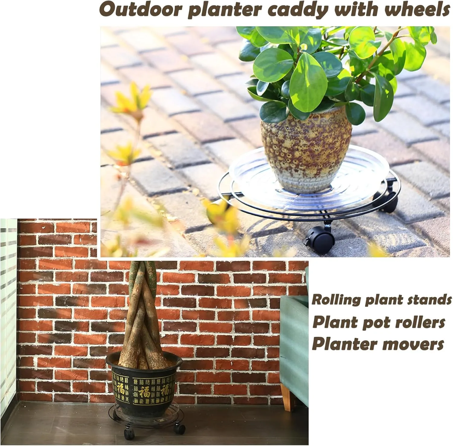 8 Packs Large Metal Plant Caddy 13.8” Plant Dolly with Wheels Heavy-Duty Wrought Iron Rolling Plant Stand with Casters Indoor and Outdoor Plant Pot Mover Rollers Black, Plant Saucers