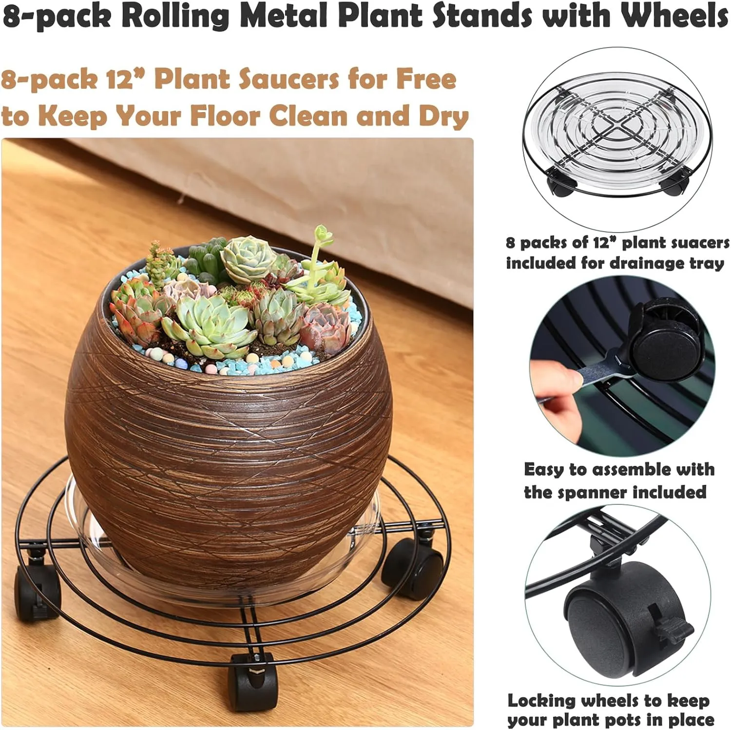 8 Packs Large Metal Plant Caddy 13.8” Plant Dolly with Wheels Heavy-Duty Wrought Iron Rolling Plant Stand with Casters Indoor and Outdoor Plant Pot Mover Rollers Black, Plant Saucers