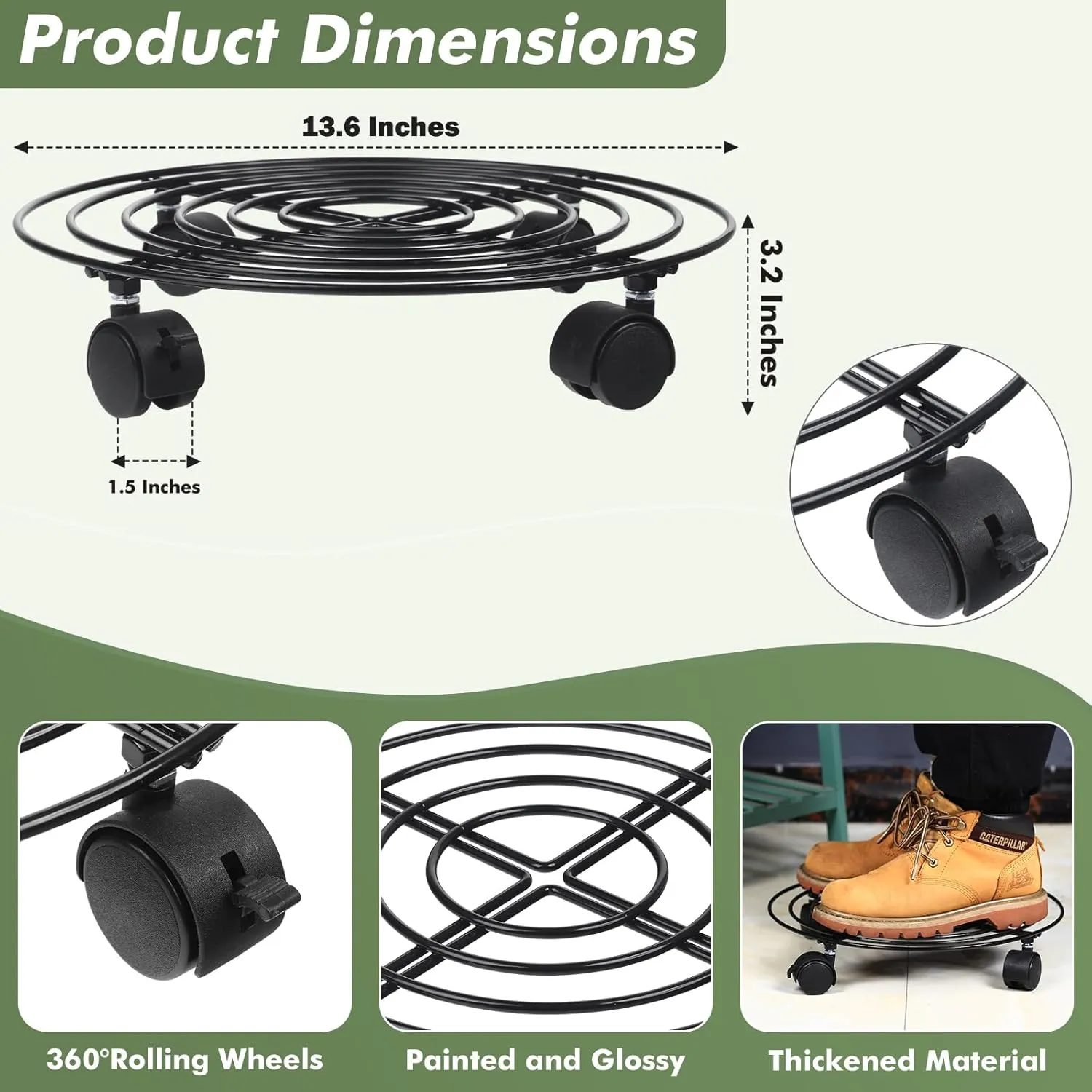 8 Packs Large Metal Plant Caddy 13.8” Plant Dolly with Wheels Heavy-Duty Wrought Iron Rolling Plant Stand with Casters Indoor and Outdoor Plant Pot Mover Rollers Black, Plant Saucers