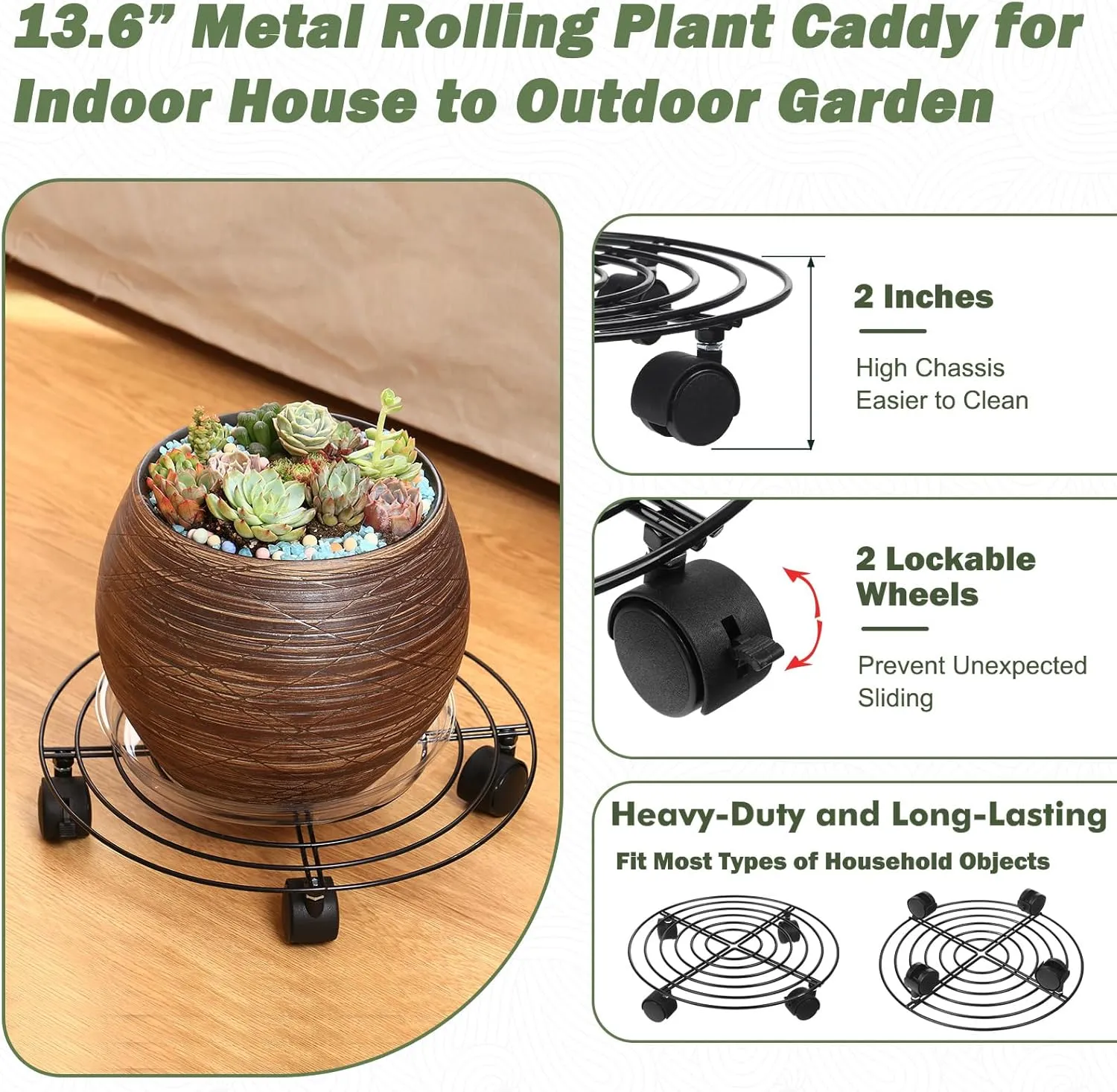 8 Packs Large Metal Plant Caddy 13.8” Plant Dolly with Wheels Heavy-Duty Wrought Iron Rolling Plant Stand with Casters Indoor and Outdoor Plant Pot Mover Rollers Black, Plant Saucers