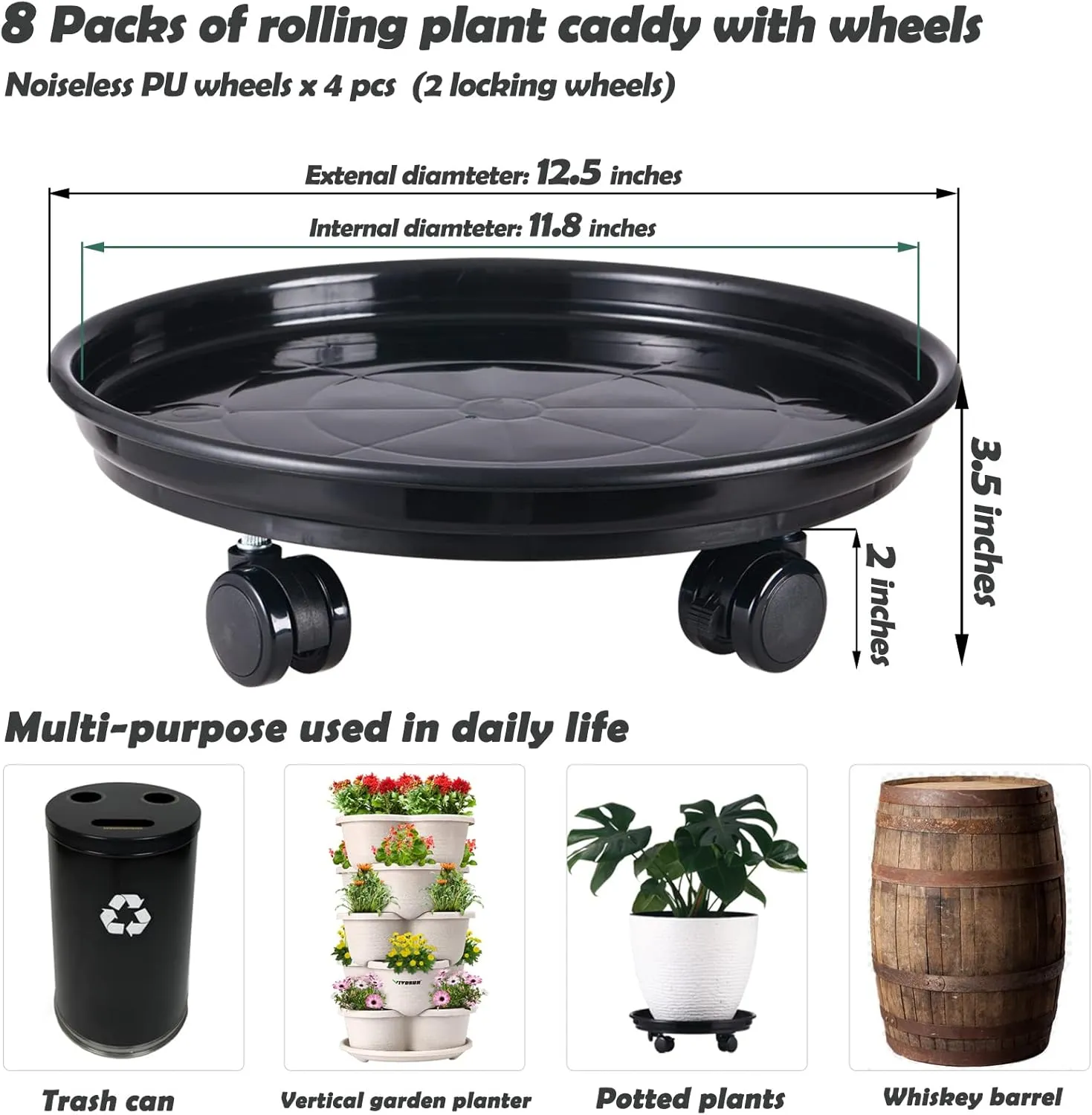 8 Packs Large Plant Caddy with PU Wheels 12" Rolling Plant Stands Heavy-duty Plastic Plant Roller Base Pot Movers Plant Saucers on Wheels Indoor Outdoor Plant Dolly with Casters Planter Tray Coaster