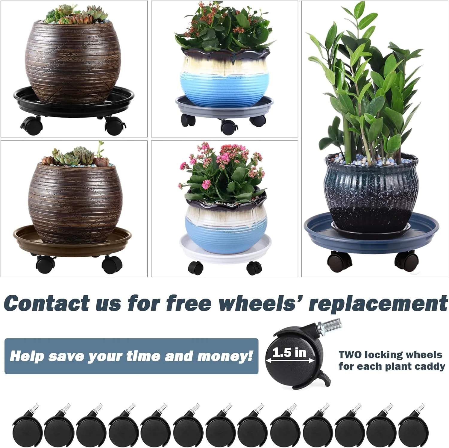 8 Packs Plant Caddy With Wheels 12" Plastic Rolling Stands Heavy-Duty Dolly With Casters Indoor and Outdoor Roller Base Large Heavy Pot Saucers Plant Mover, Brown