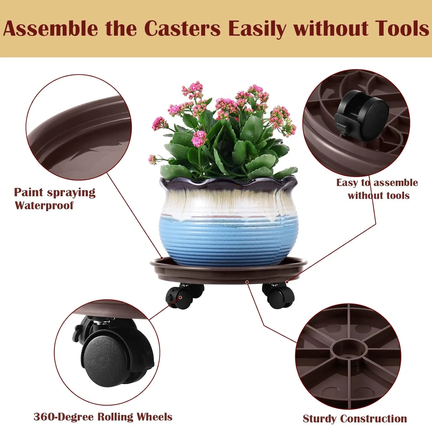 8 Packs Plant Caddy With Wheels 12" Plastic Rolling Stands Heavy-Duty Dolly With Casters Indoor and Outdoor Roller Base Large Heavy Pot Saucers Plant Mover, Brown