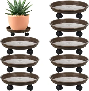 8 Packs Plant Caddy With Wheels 12" Plastic Rolling Stands Heavy-Duty Dolly With Casters Indoor and Outdoor Roller Base Large Heavy Pot Saucers Plant Mover, Brown