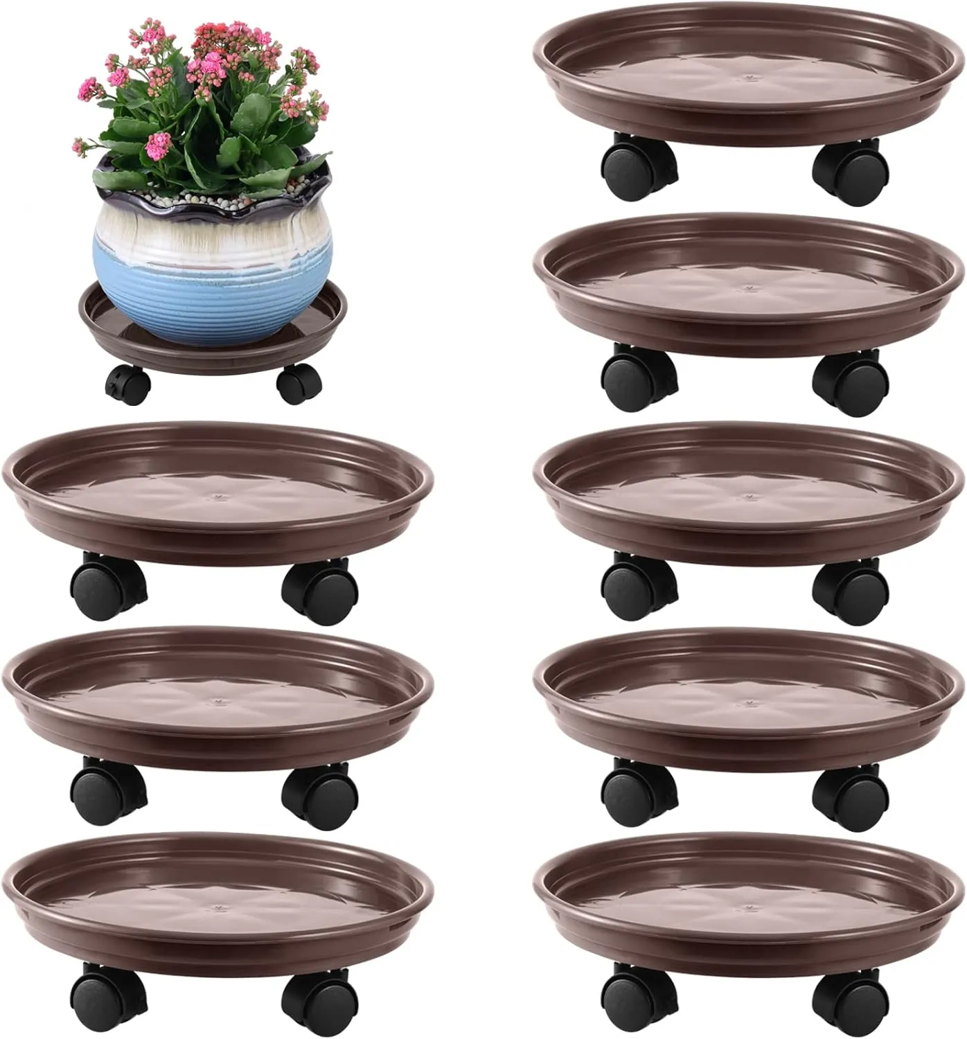 8 Packs Plant Caddy With Wheels 12" Plastic Rolling Stands Heavy-Duty Dolly With Casters Indoor and Outdoor Roller Base Large Heavy Pot Saucers Plant Mover, Brown
