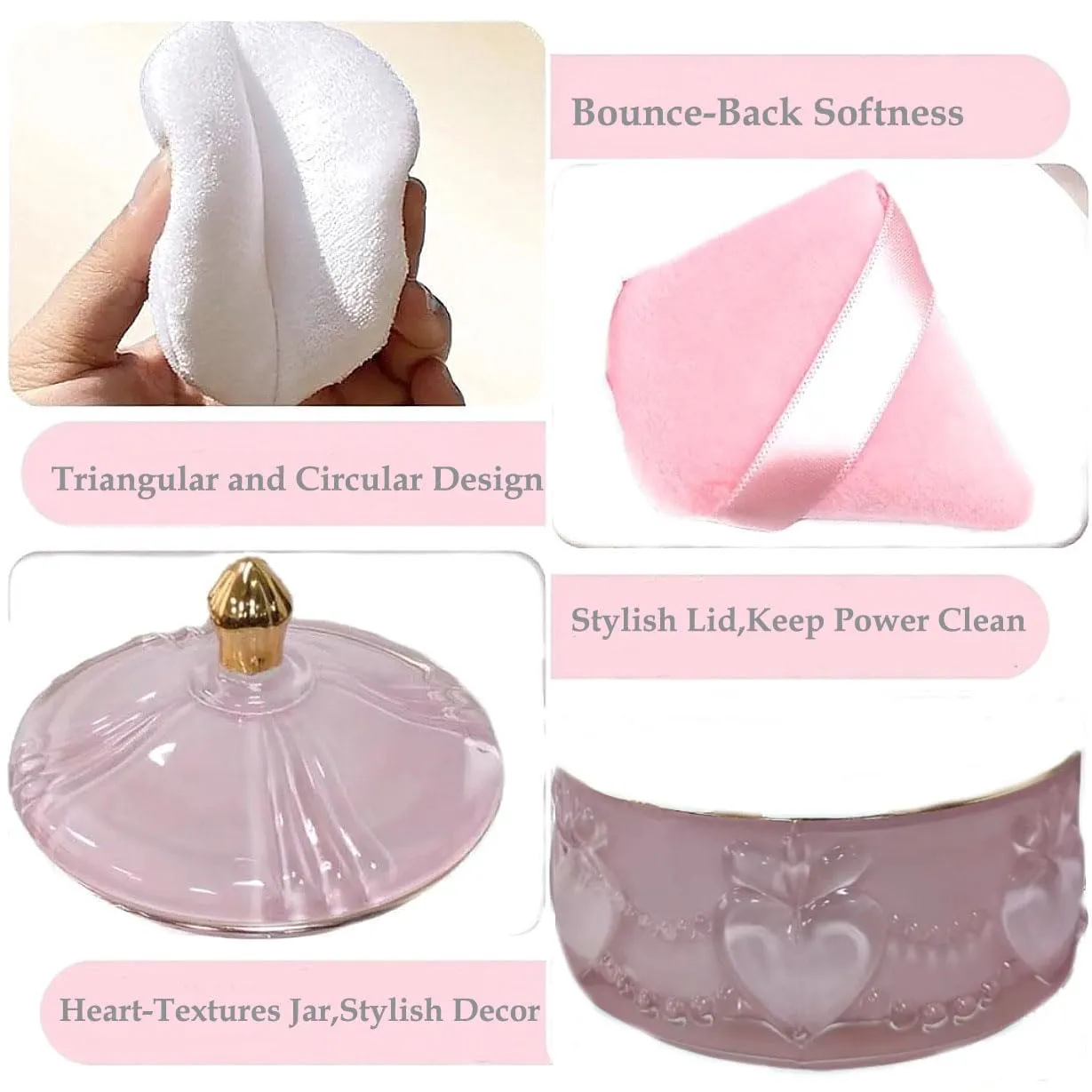 8 PCS Large Body Powder Puff and Container, 4.13" "Glass Powder Box Jar with1pcs Soft Puff & 6pcs Triangle Makeup Puffs for Baby & Women’s Dusting/Loose