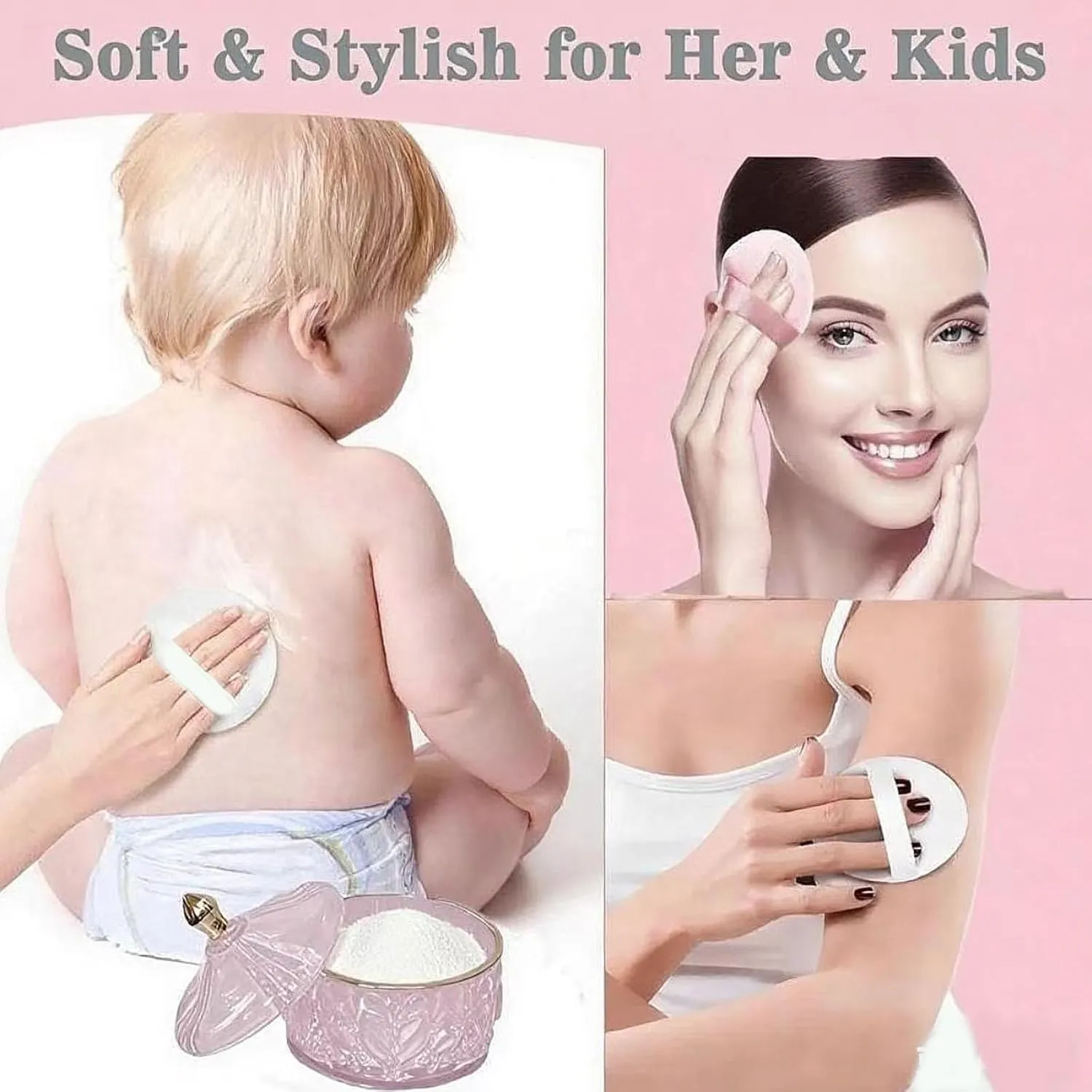 8 PCS Large Body Powder Puff and Container, 4.13" "Glass Powder Box Jar with1pcs Soft Puff & 6pcs Triangle Makeup Puffs for Baby & Women’s Dusting/Loose