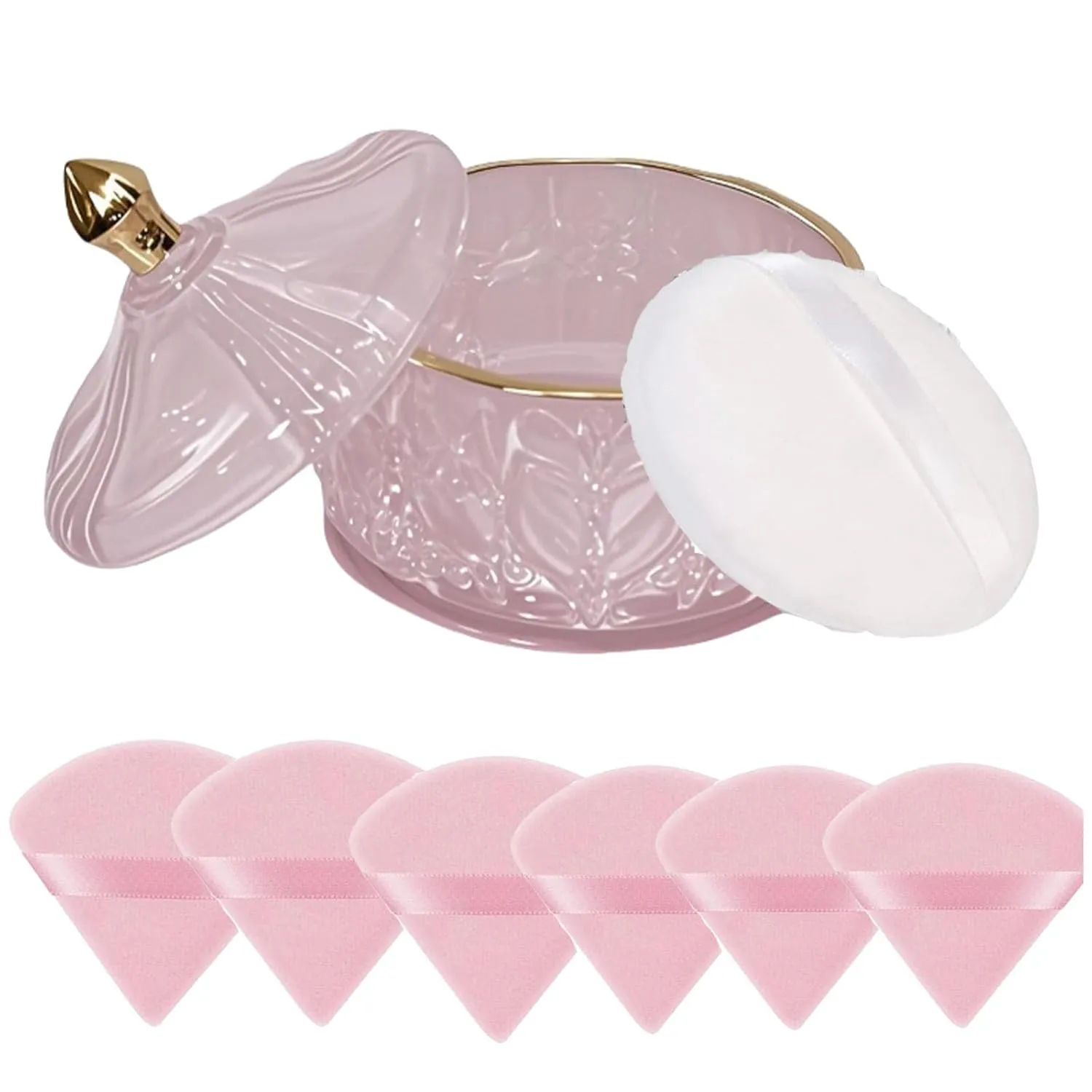 8 PCS Large Body Powder Puff and Container, 4.13" "Glass Powder Box Jar with1pcs Soft Puff & 6pcs Triangle Makeup Puffs for Baby & Women’s Dusting/Loose