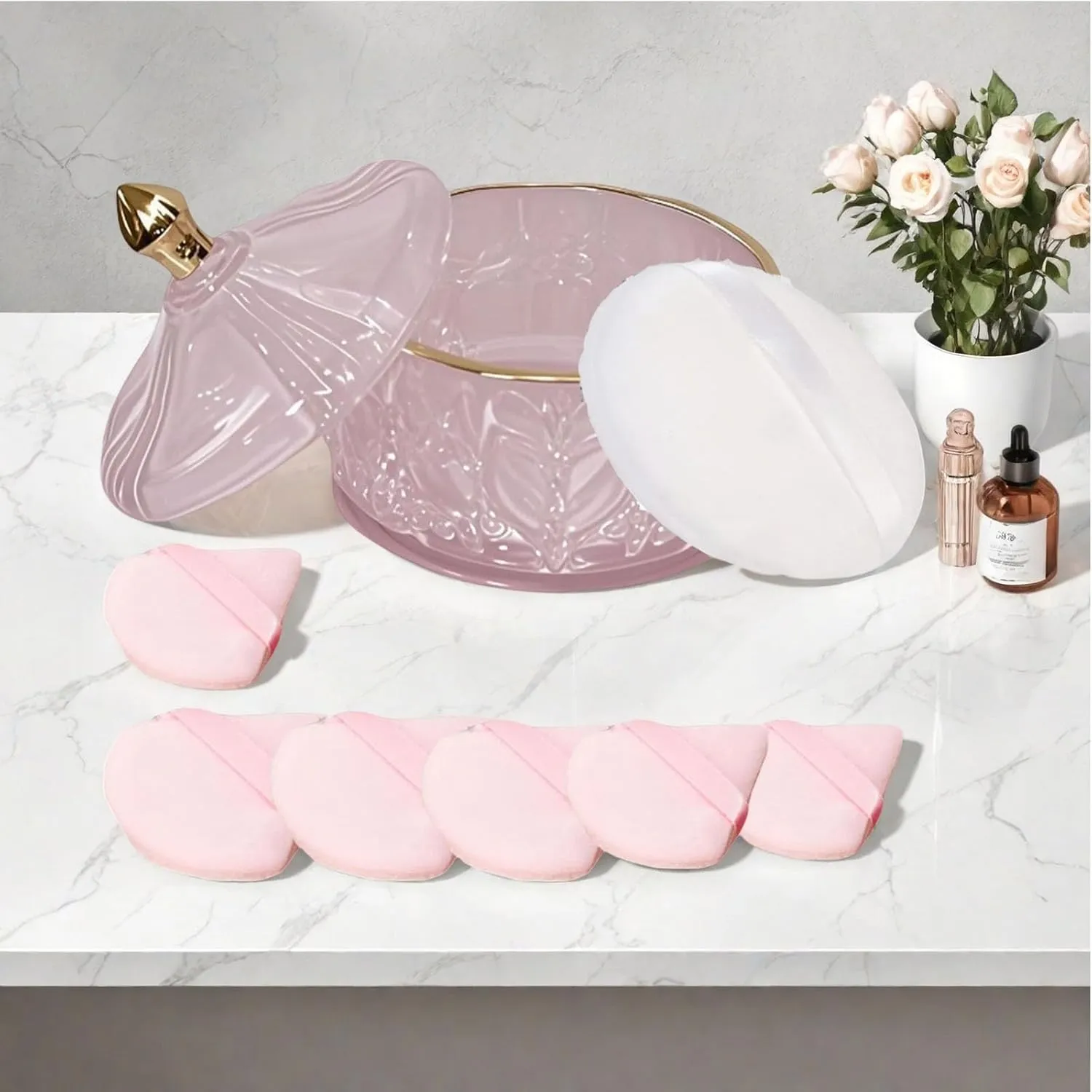 8 PCS Large Body Powder Puff and Container, 4.13" "Glass Powder Box Jar with1pcs Soft Puff & 6pcs Triangle Makeup Puffs for Baby & Women’s Dusting/Loose