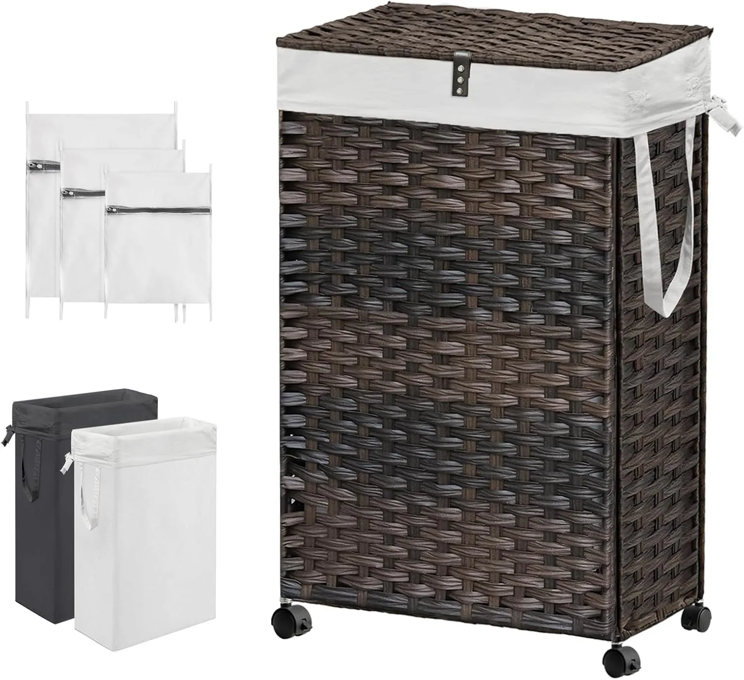 88L Slim Laundry Hamper with Wheels, 23.3 Gallon Rolling Laundry Basket with Lid, Tall and Narrow Laundry Hamper with 2 Removable Liner & 3 Mesh Laundry Bags, Laundry Sorter for Bathroom, Brown