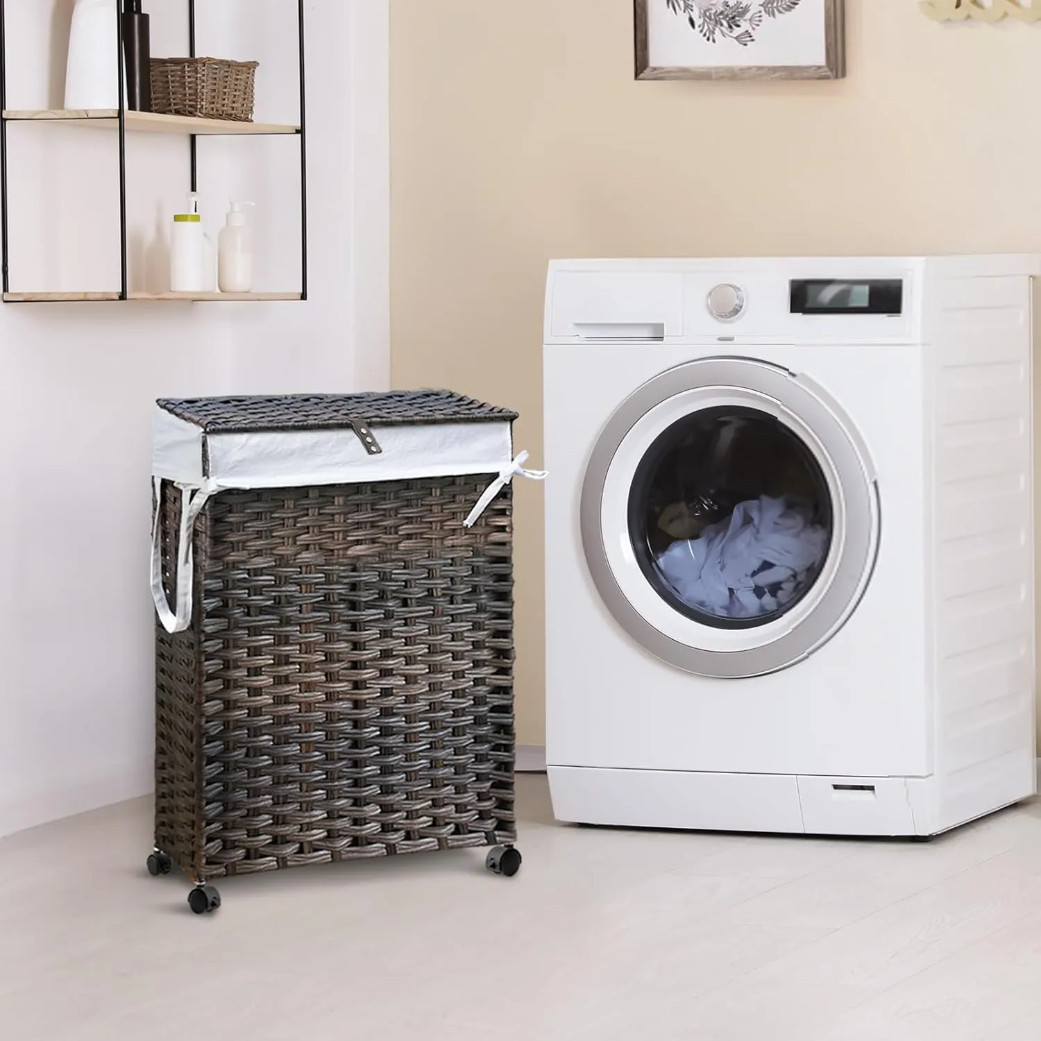 88L Slim Laundry Hamper with Wheels, 23.3 Gallon Rolling Laundry Basket with Lid, Tall and Narrow Laundry Hamper with 2 Removable Liner & 3 Mesh Laundry Bags, Laundry Sorter for Bathroom, Brown