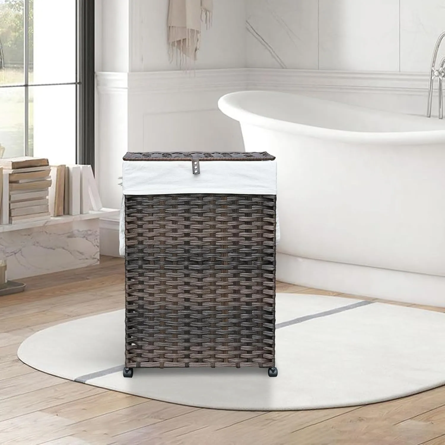88L Slim Laundry Hamper with Wheels, 23.3 Gallon Rolling Laundry Basket with Lid, Tall and Narrow Laundry Hamper with 2 Removable Liner & 3 Mesh Laundry Bags, Laundry Sorter for Bathroom, Brown