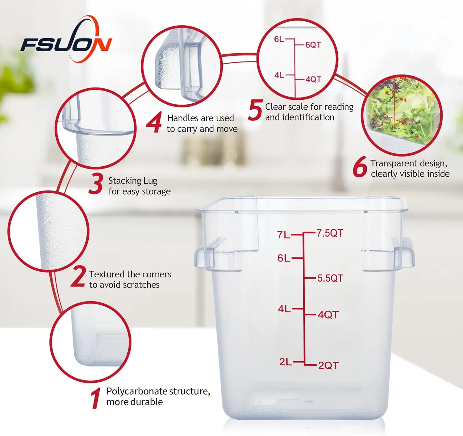 8Qt Food Storage Containers with Lids, Polycarbonate Square Commercial Food Containers, NSF, Clear, 4 Pack