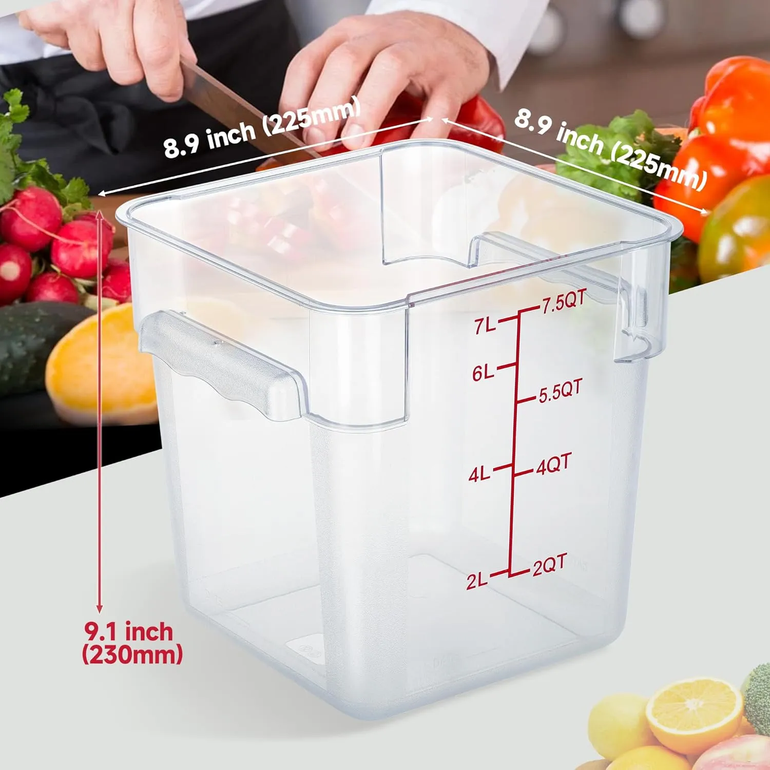 8Qt Food Storage Containers with Lids, Polycarbonate Square Commercial Food Containers, NSF, Clear, 4 Pack